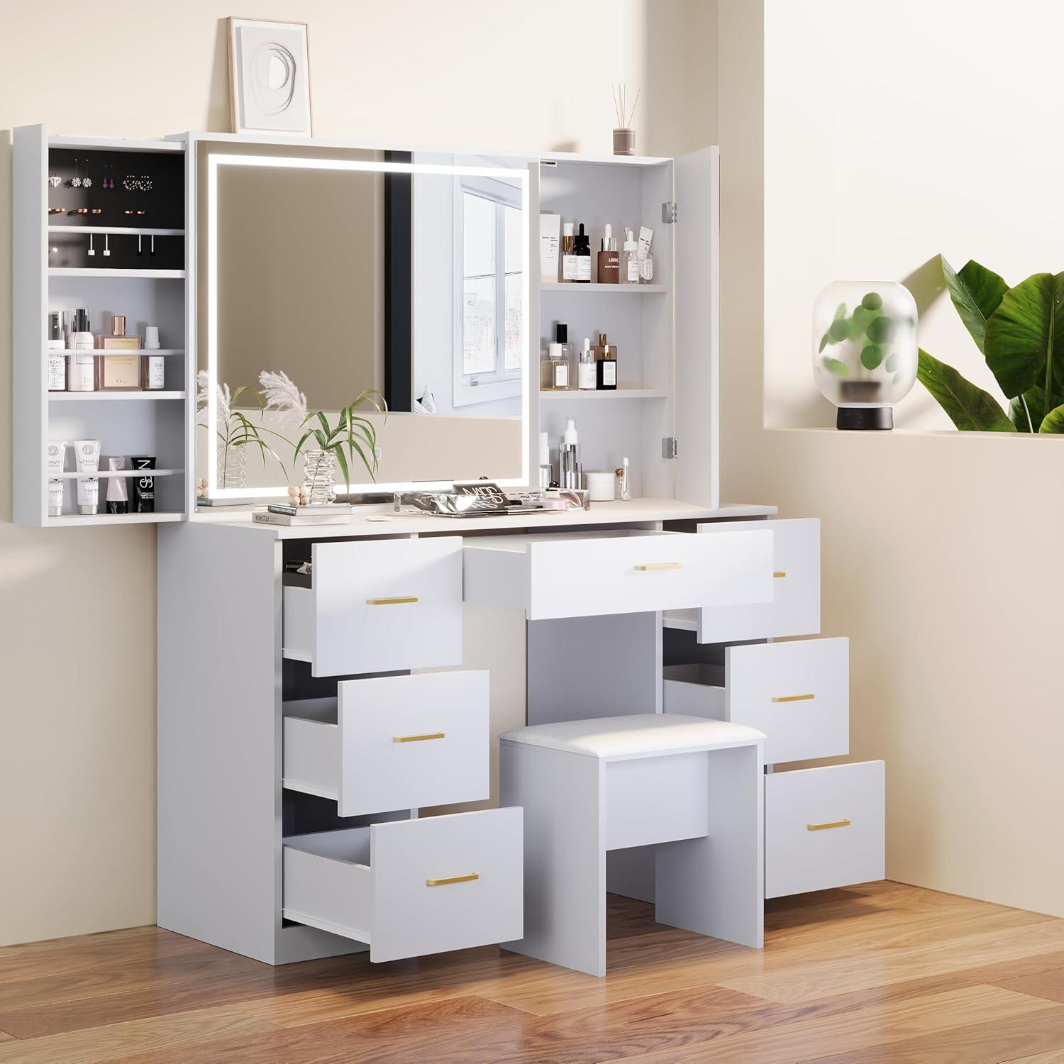 Vanity Desk with Lighted Mirror,Makeup Table with 7 Drawers,Wildhome Brand,Adult Age Group