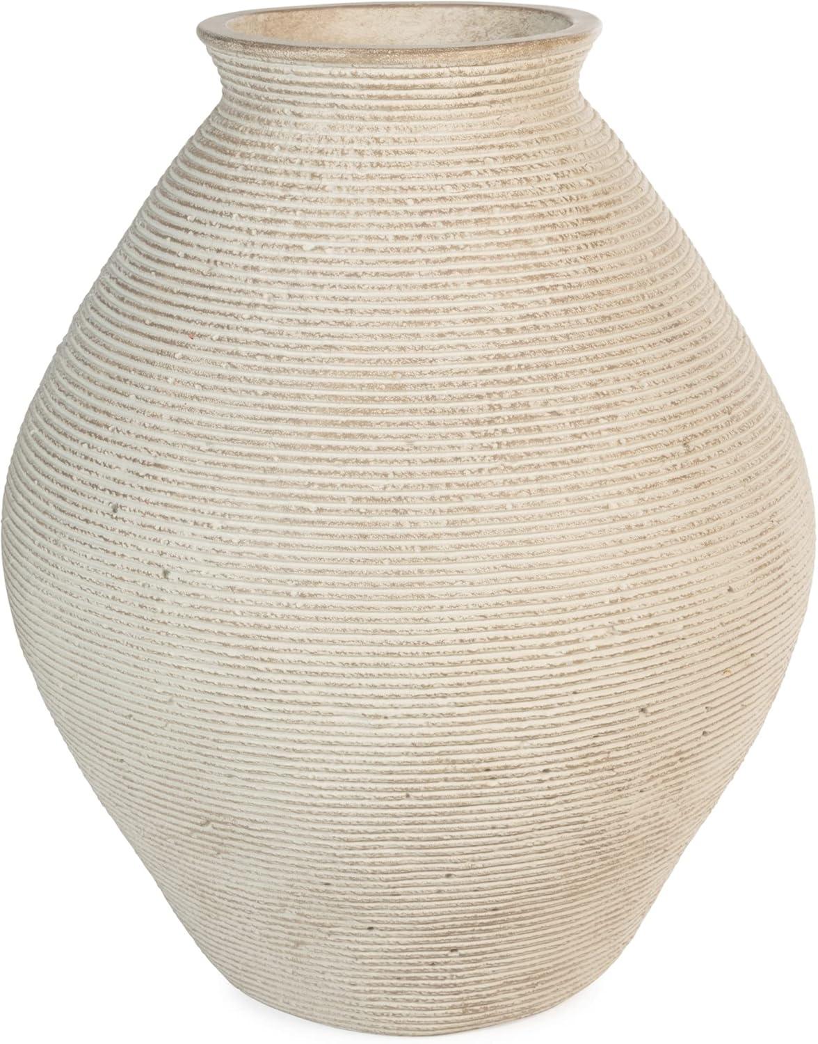 Contemporary 17" Beige Ribbed Plastic Vase with Artisanal Rings