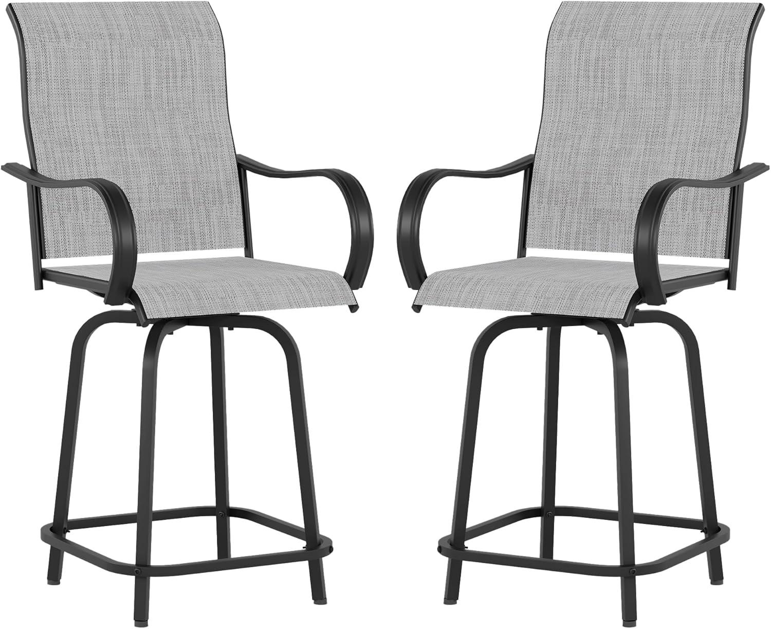 Amopatio Patio Swivel Bar Stools Set of 2, Outdoor Bar Height Patio Chairs for Backyard, Pool, Garden, Deck with High Back and Armrest, All-Weather Mesh, 300lb Capacity, Light Gray