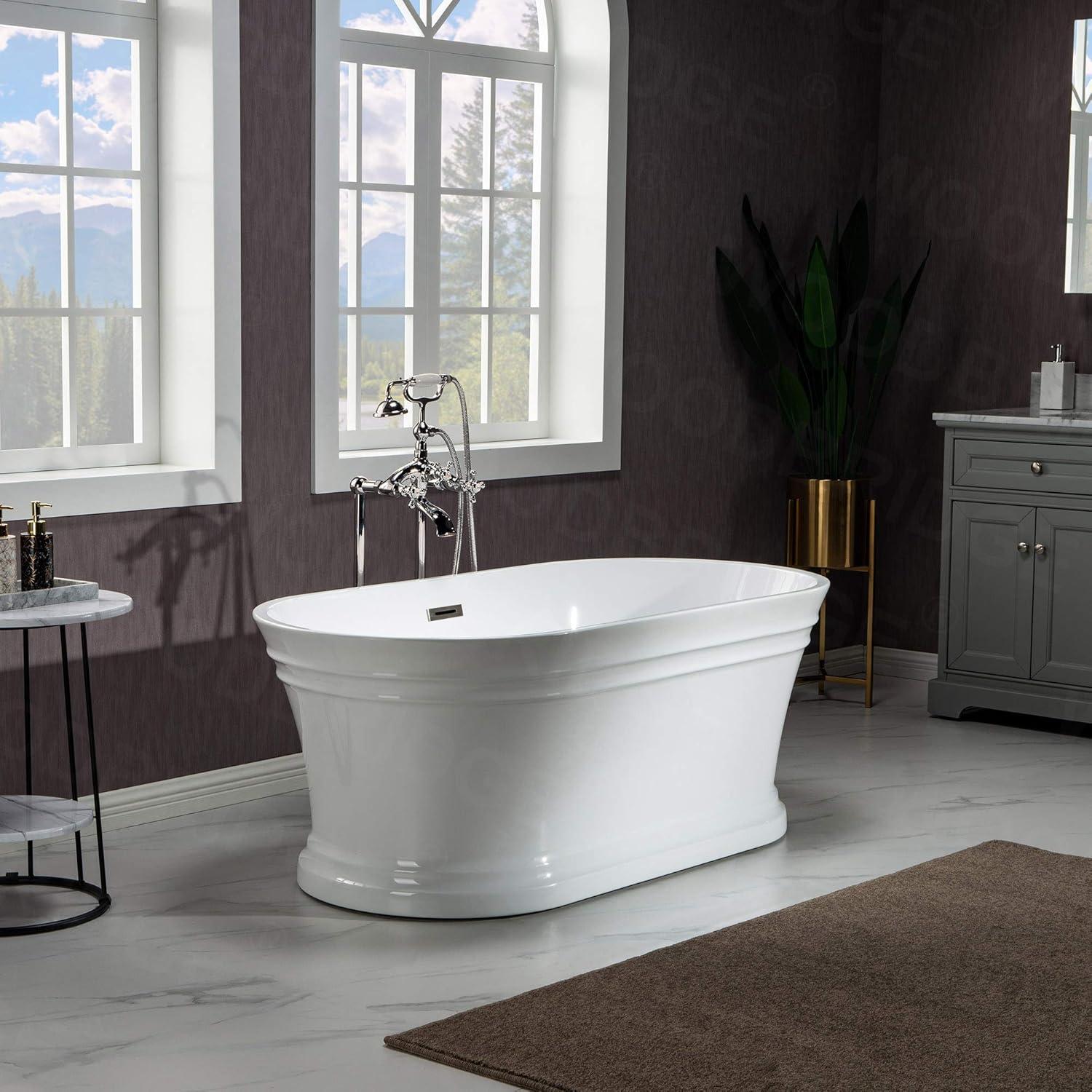 Woodbridge 59'' Freestanding White Acrylic Soaking Bathtub with Brushed Nickel Drain