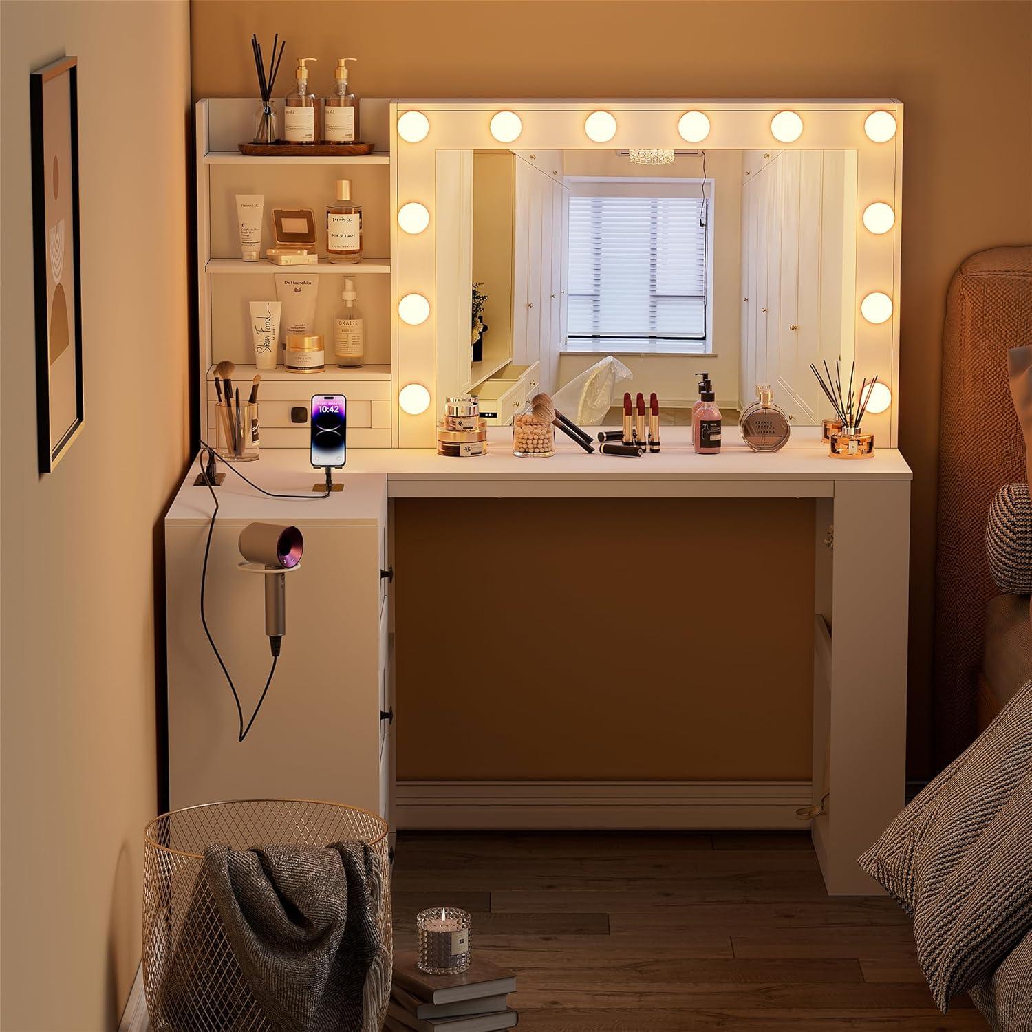 PAKASEPT Vanity Desk with Mirror and Lights, Corner Makeup Table with 3 Color Lighting, White Vanity with Power Strip & Hooks, Hidden and Open Shelves, Adjustable Brightness, 47.2 Inch