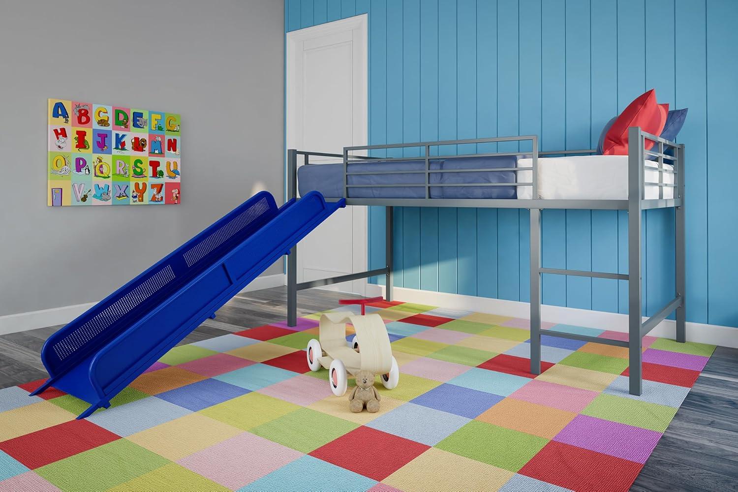 DHP Lively Junior Twin Metal Loft Bed, Silver with Blue Slide