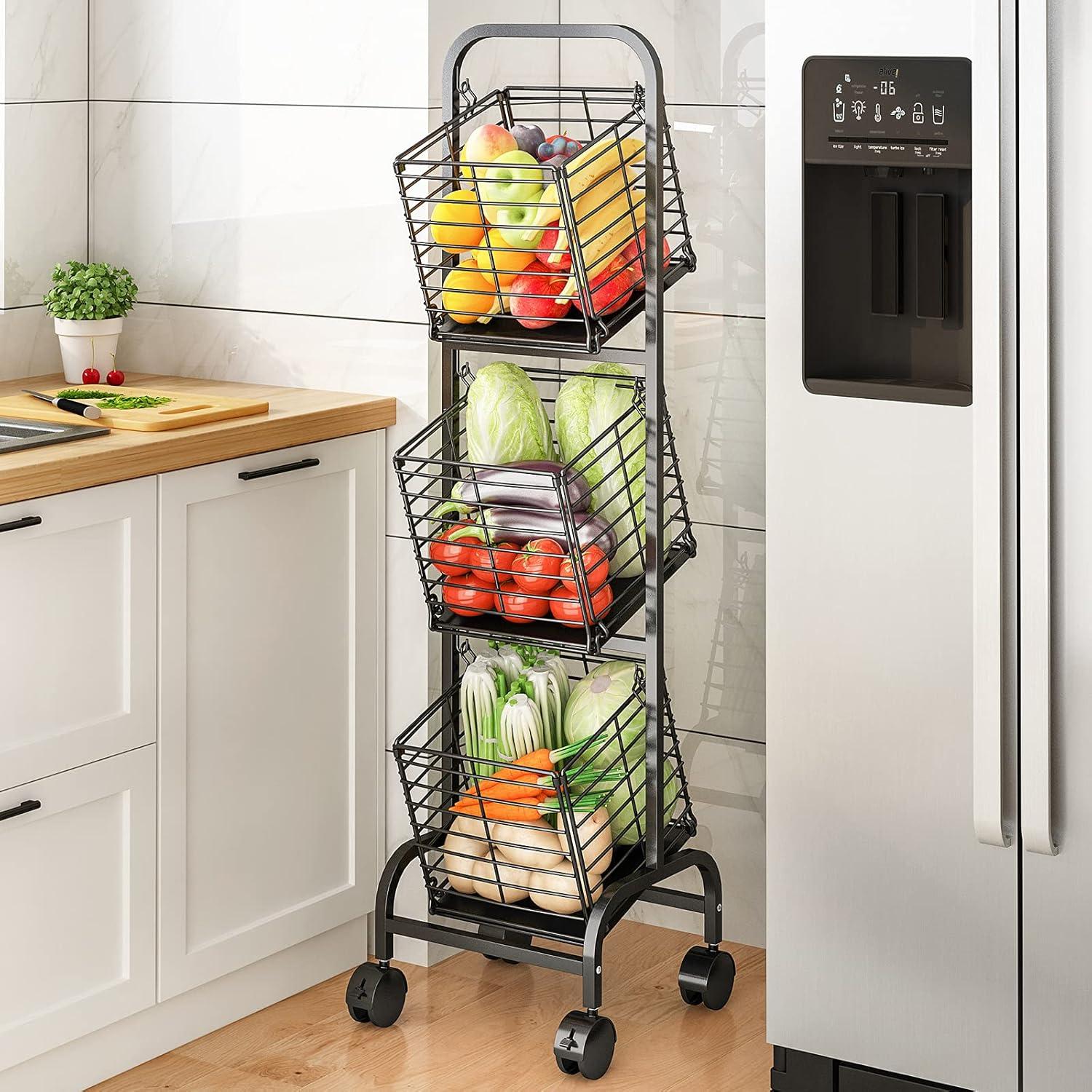 OUMIKEJI 3-Tier Fruit Basket Stand For Kitchen, Wire Market Basket Food Storage Stand With Wheels, Vegetable Produce Pantry Basket Organizer