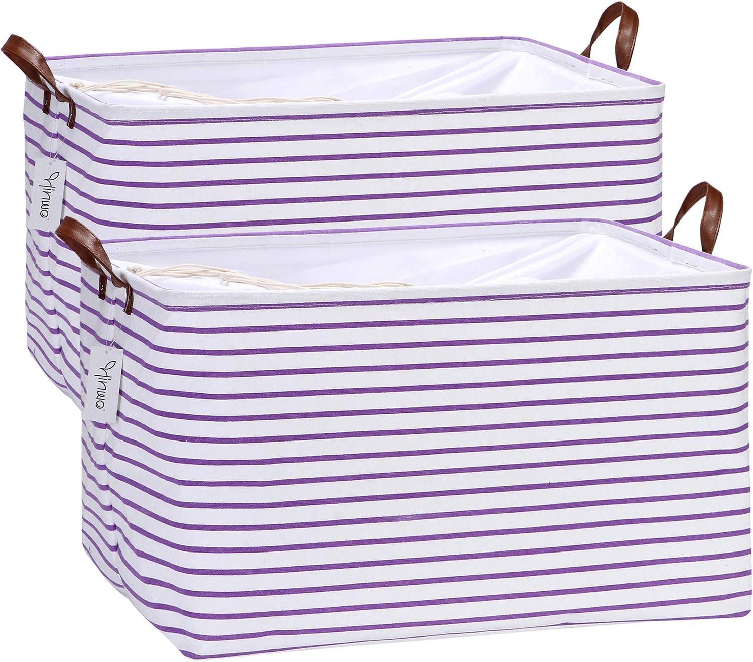 Hinwo 2-Pack Extra Large Canvas Fabric Storage Baskets with Handles, 70L Oversized Storage Bins, Collapsible Storage Box, Clothes, Toys, Blankets Organizers, 22 x 15 x 13 inches, (Purple Stripe)