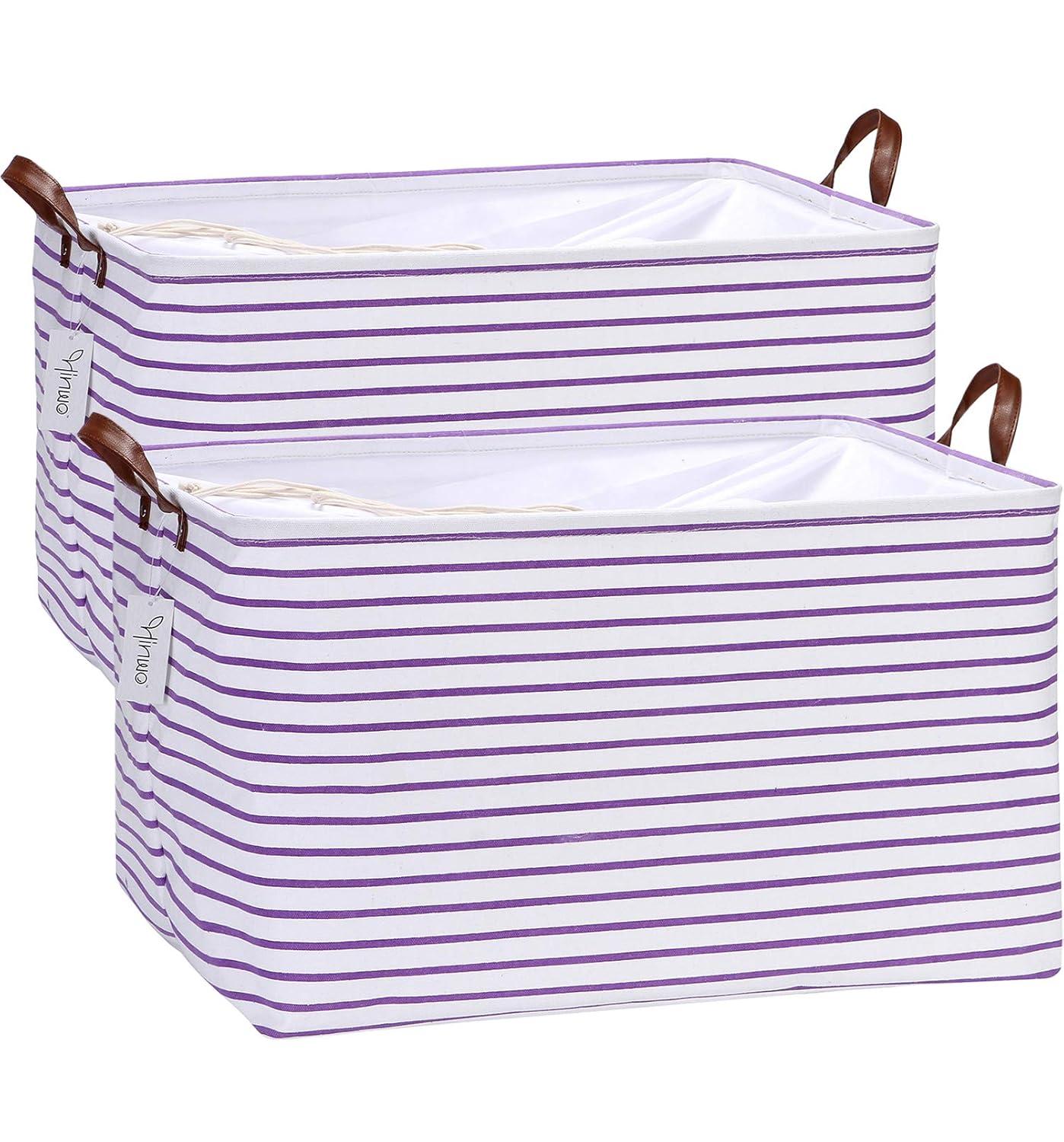 Hinwo 2-Pack Extra Large Canvas Fabric Storage Baskets with Handles, 70L Oversized Storage Bins, Collapsible Storage Box, Clothes, Toys, Blankets Organizers, 22 x 15 x 13 inches, (Purple Stripe)