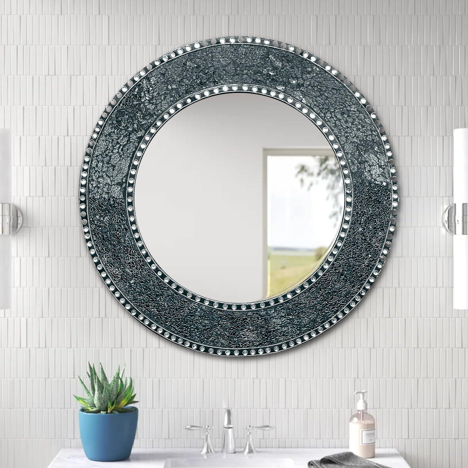 24-Inch Black Crackled Glass Mosaic Round Wall Mirror