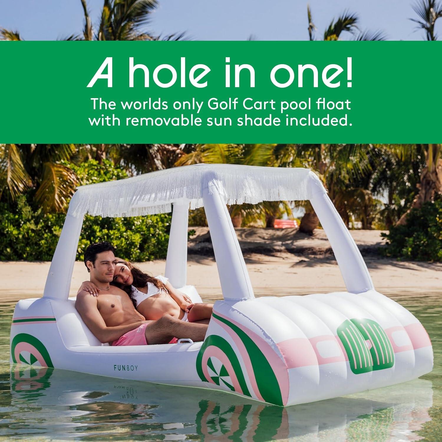 Oversized White and Green Inflatable Golf Cart Pool Lounger