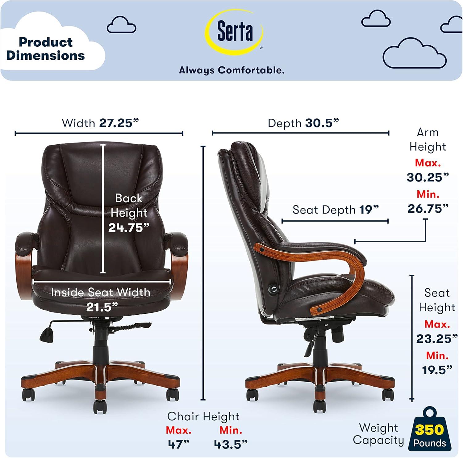 Serta Conway Big & Tall Office Chair, Ergonomic Adjustable Lumbar, Semi Plush Cushion, Body Pillows