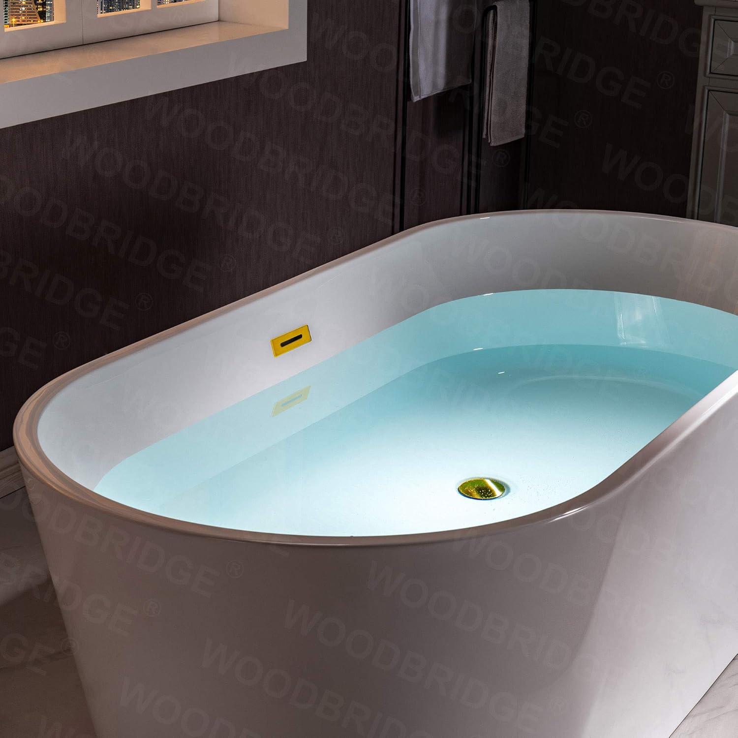 WOODBRIDGE 54" Acrylic Freestanding Bathtub Contemporary Soaking White Tub with Brushed Gold Overflow and Drain,B1702-BG