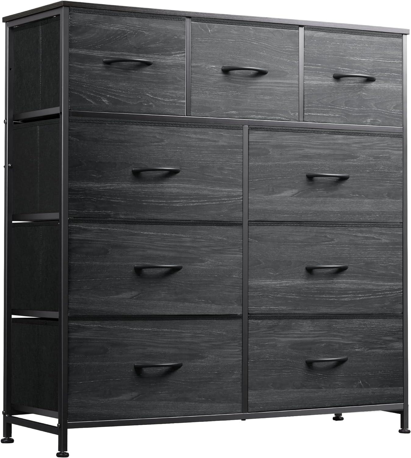 Charcoal Black 9-Drawer Fabric Storage Dresser with Wood Grain Top