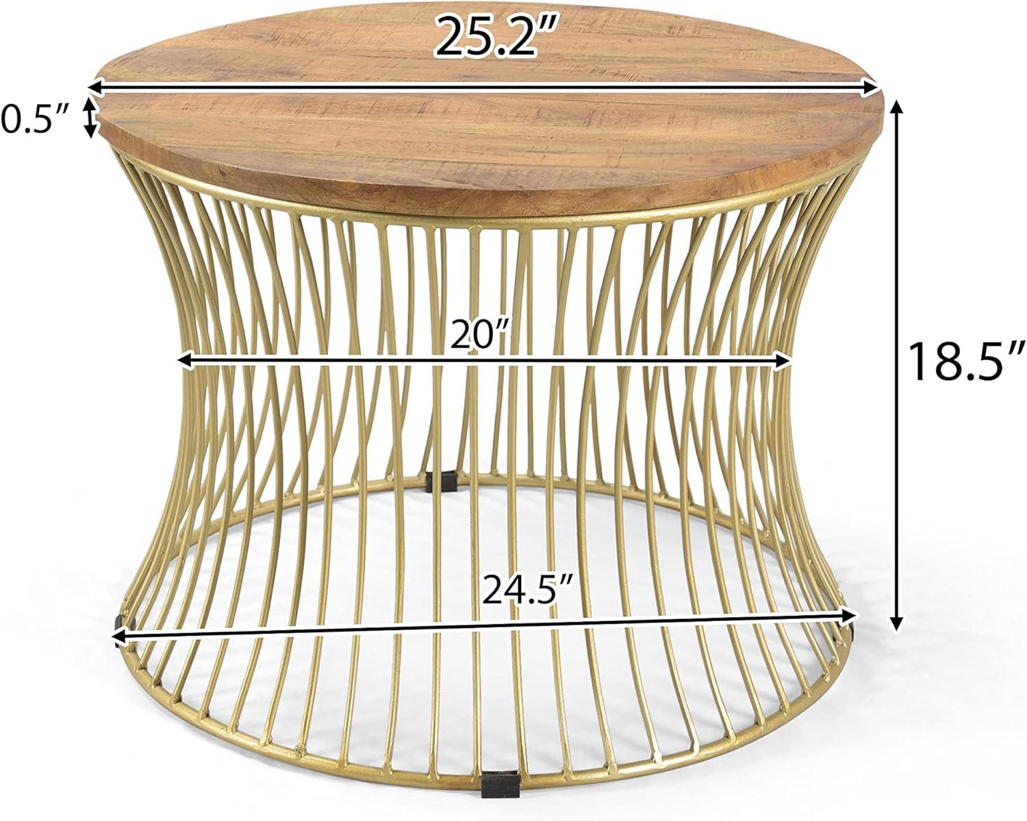 Natural Mango Wood and Gold Round Coffee Table with Storage