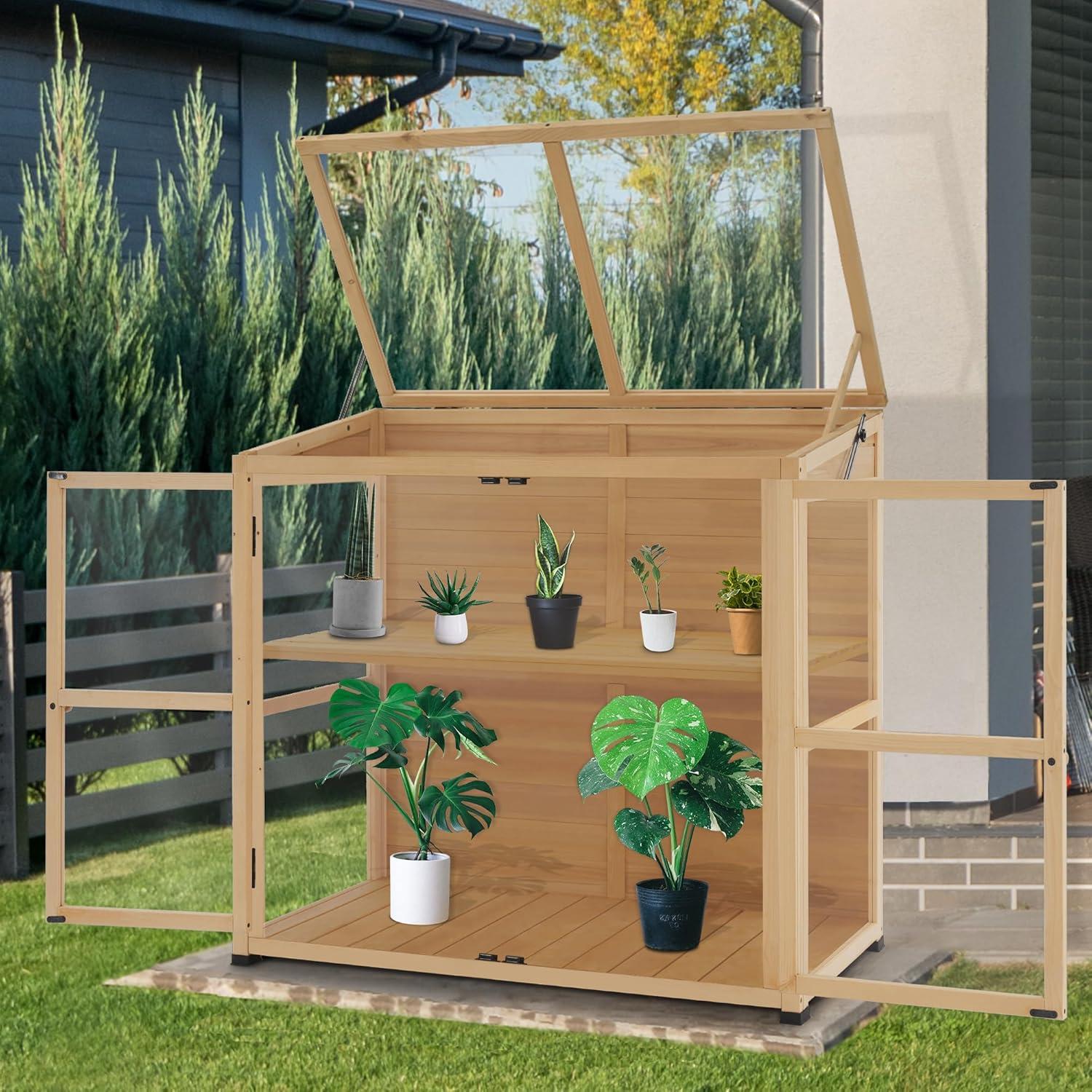 MCombo Wooden Cold Frame Greenhouse, Wooden Greenhouse Cabinet Kit with Adjustable Shelf & Lockable Door, Fully Transparent Polycarbonate Greenhouse for Outdoor Indoor Use, 0718