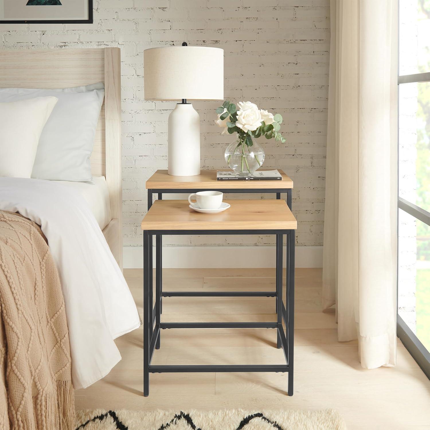 Oak and Black Metal Modern Nesting Tables Set