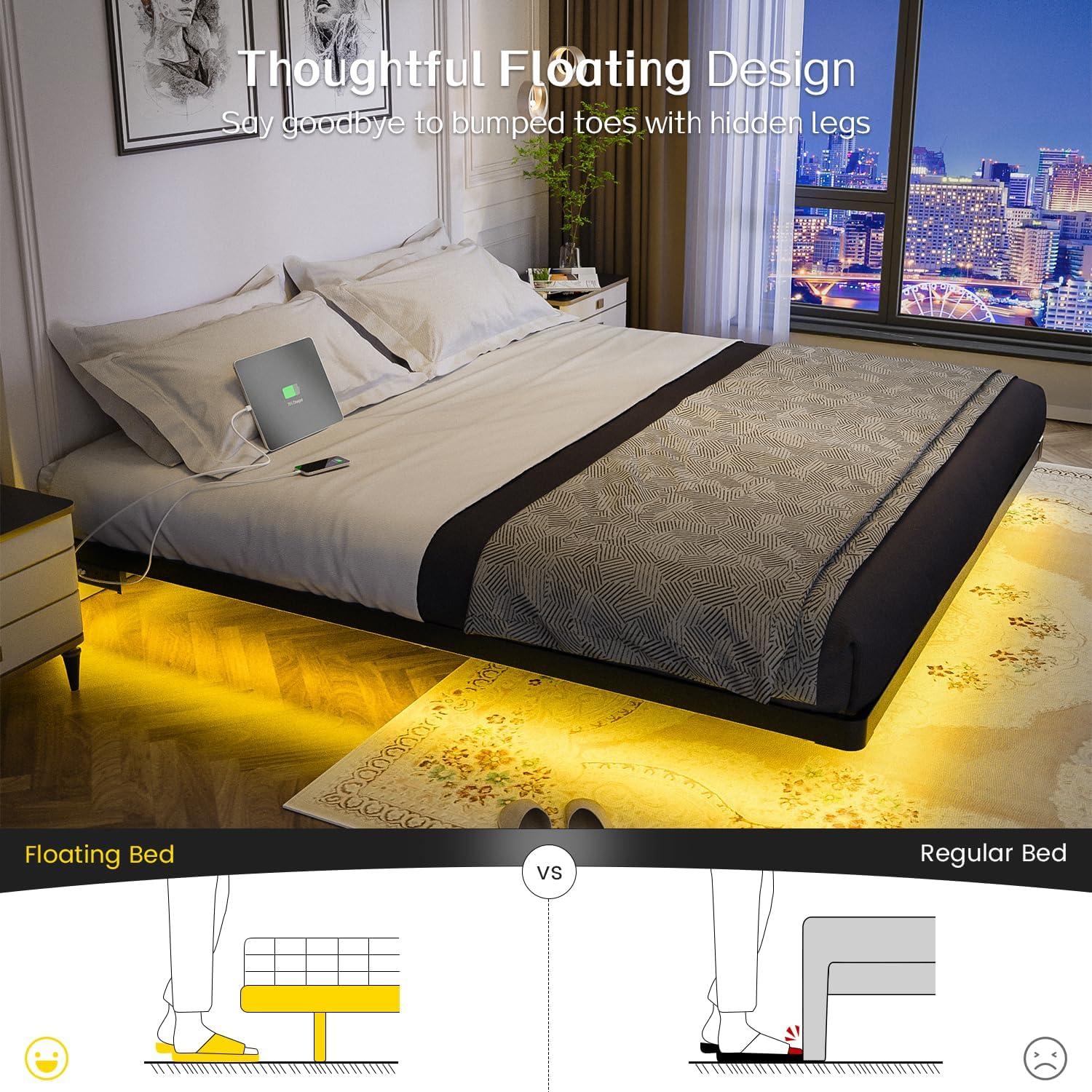 Floating Bed Frame With Led Lights Metal Platform Bed, No Squeak