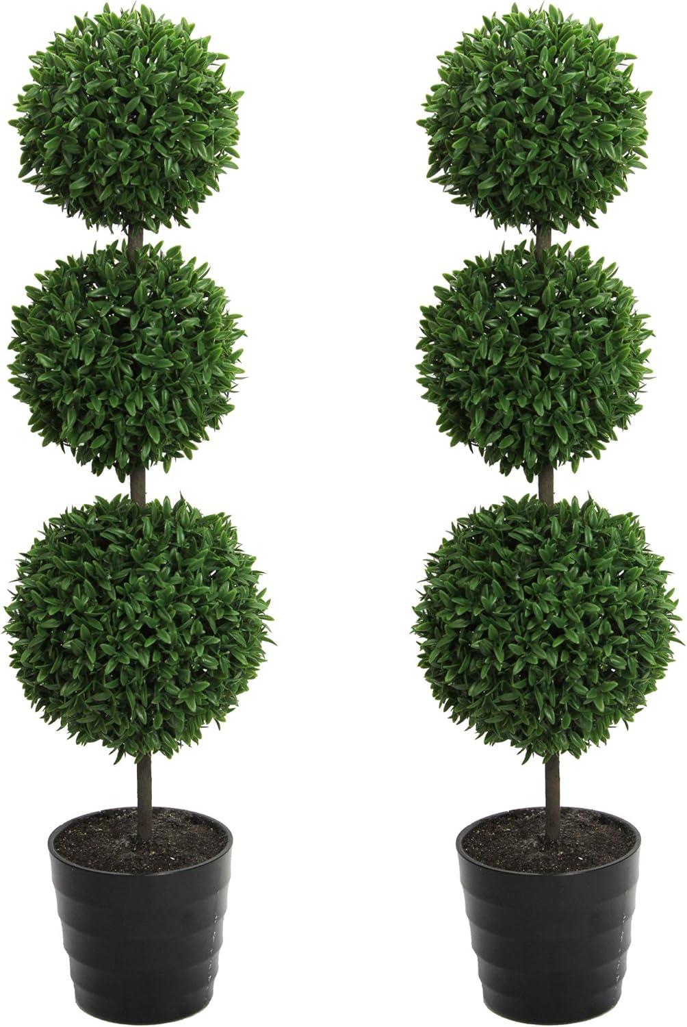 Admired By Nature 24" Faux Tabletop English Boxwood 3 Ball Topiary Plant in Pot, Green