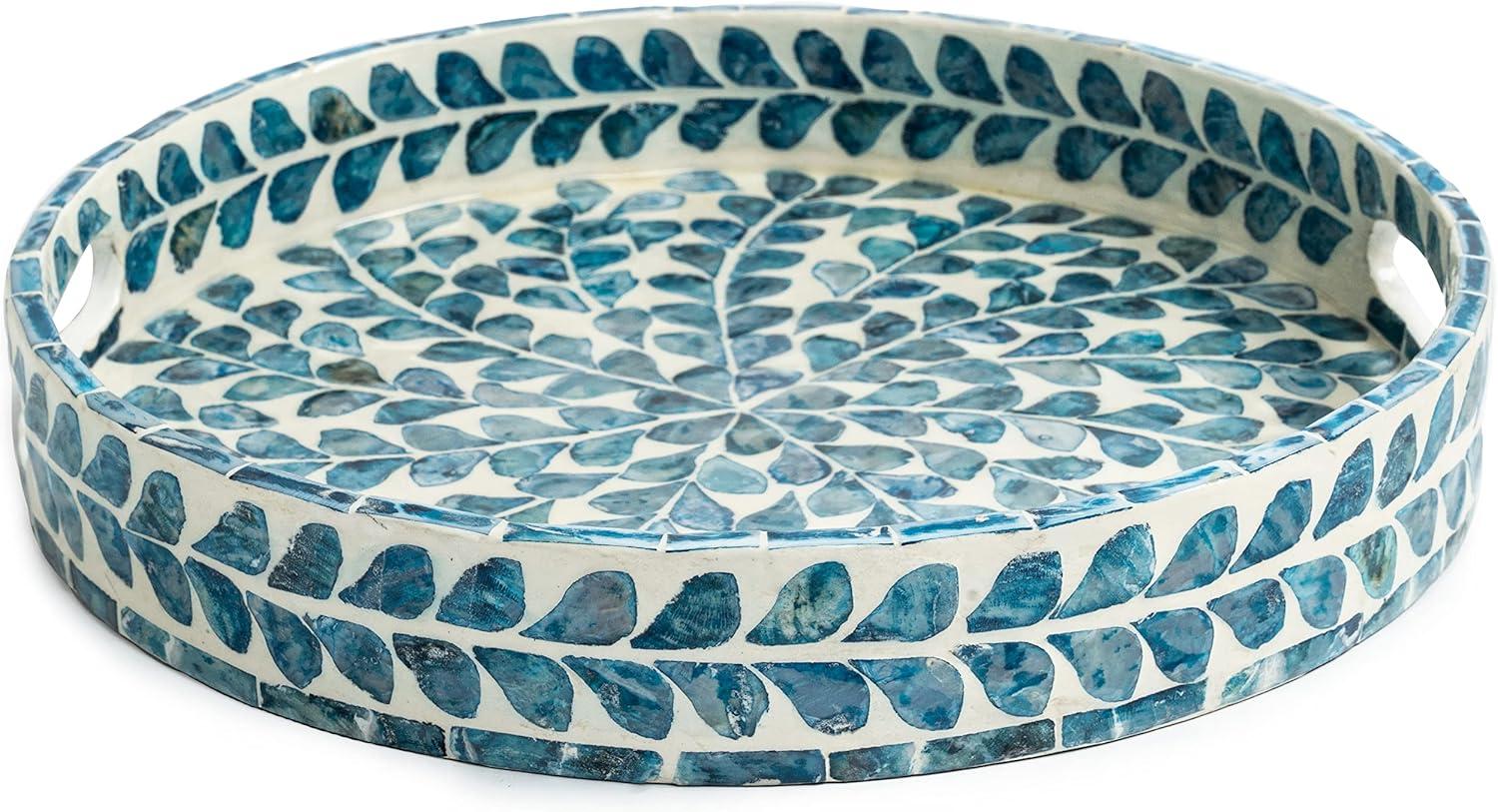 Blue and White Lacquered Mother of Pearl Inlay Round Tray