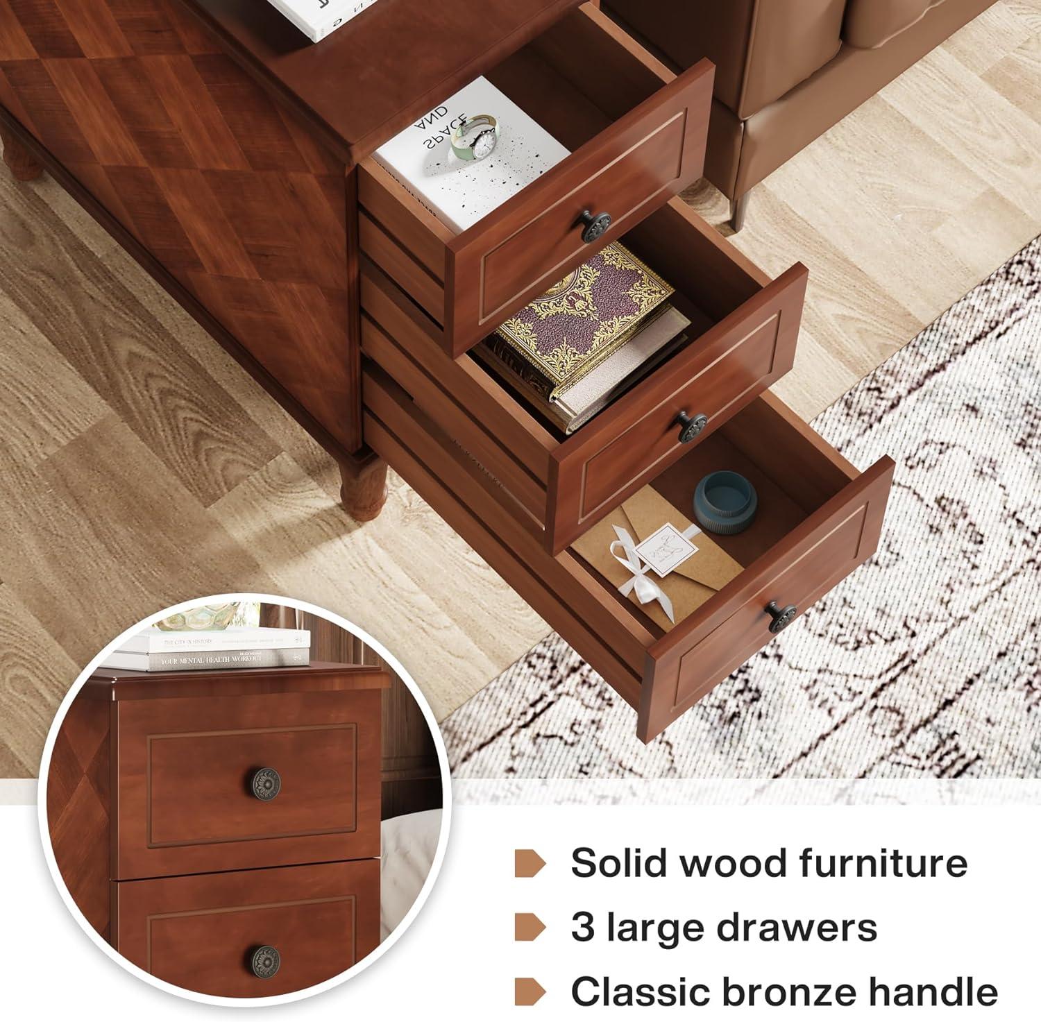 Hokku Designs Solid Wood End Table, Fully Assembled Narrow Side Table With Drawers, Pre-Assembled Nightstand Slim Bedside Table For Small Spaces, Living Room, Bedroom, Brown