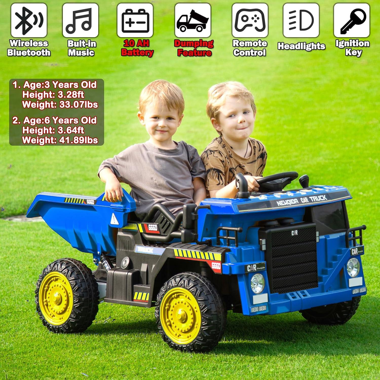 NEWQIDA 12V Ride On Dump Truck for Kids Car with Remote Control Construction Vehicles with Electric Dump Bed/Shovel, Ride On Toys for Boys Girls, 19" Spacious Seat, Music, Soft Start, Music, Blue