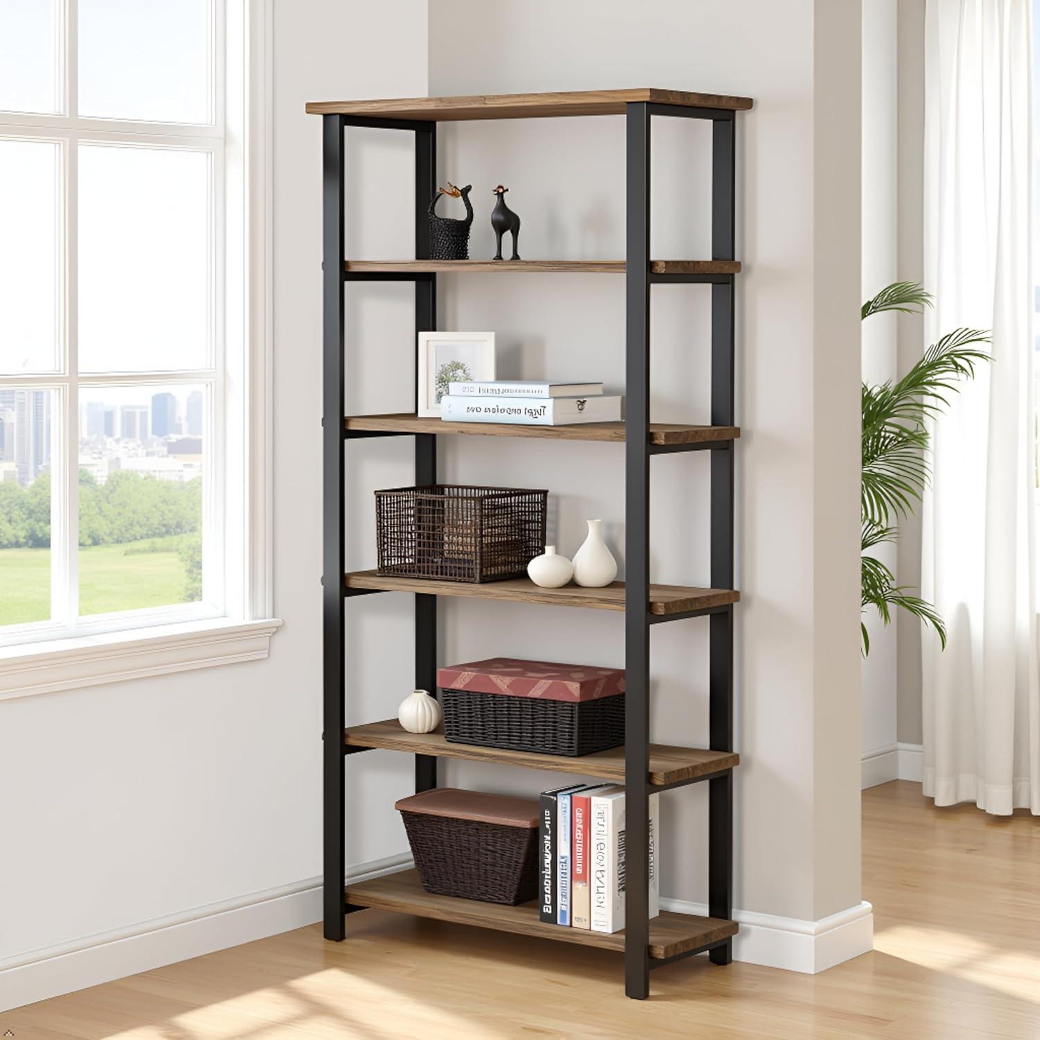 Alaterre Furniture Pomona 70 in. Tall 5-Shelf Solid Pine Wood & Metal Bookcase, Bookshelf for Home Office, Living Room or Bedroom, Natural