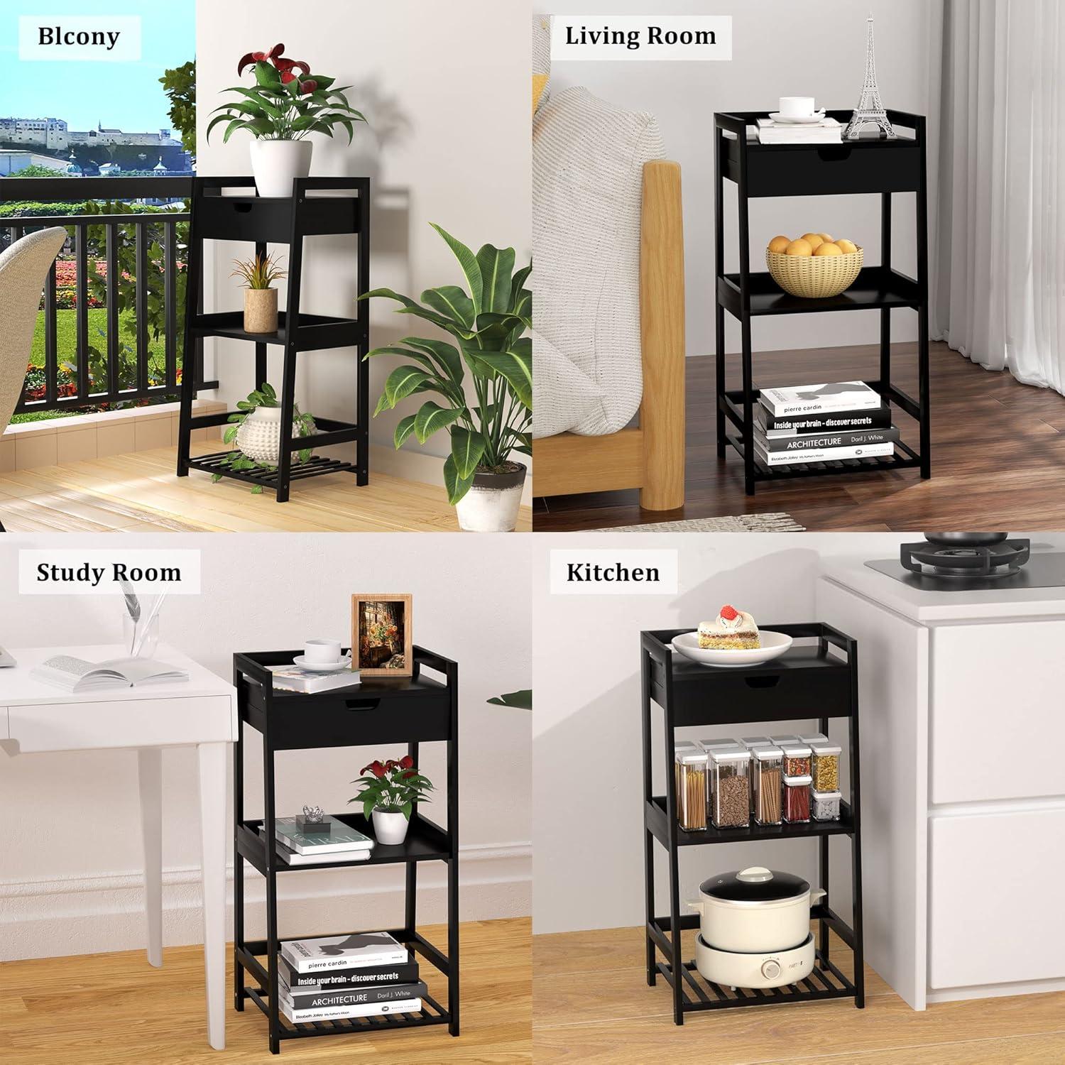 Classic Black Bamboo 3-Tier Ladder Shelf with Drawer