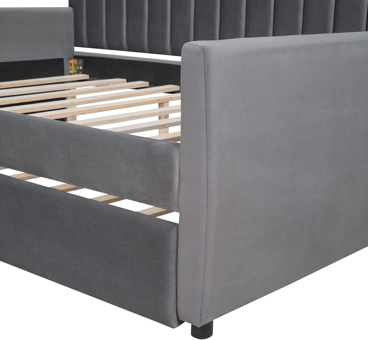 Gray Velvet Full Daybed with Trundle and Tufted Upholstery