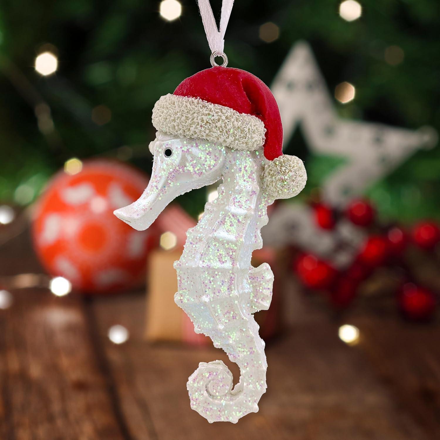 Coastal Christmas Ornaments - Seahorse, Starfish, Clam Shell Holiday Beach Tree Decorations, Set of 3