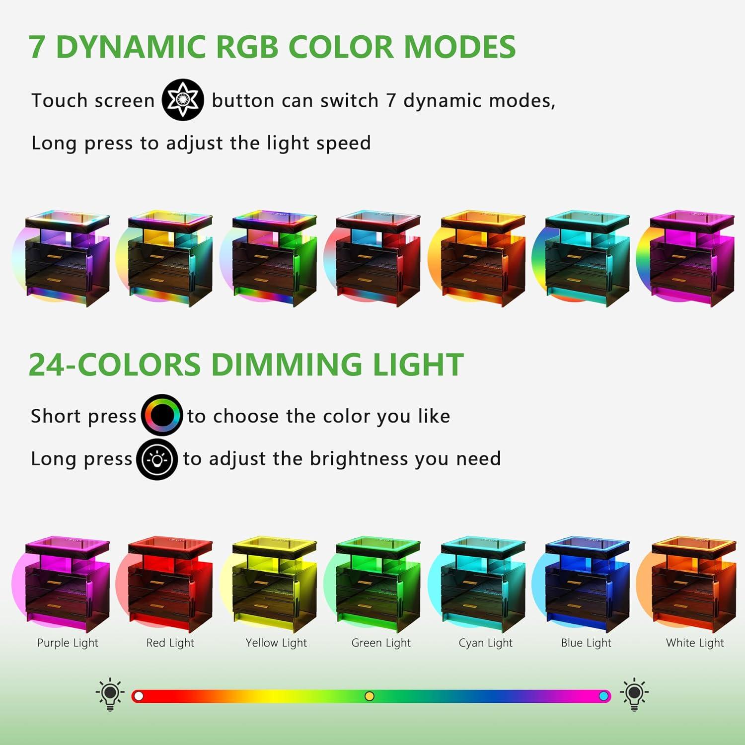 HNEBC Smart LED Nightstand with Wireless Charging & USB Ports, High Glossy Night Stand with 3 Drawers and 1 Pull-Out Tray, Modern Bedside Table with Human Sensor for Bedroom (White)