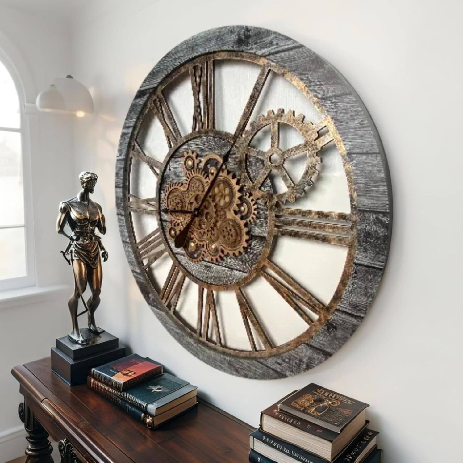 The Gears Clock Wall Clock 36" Round Oversized for Living Room decor with Real Moving Gears America Collection