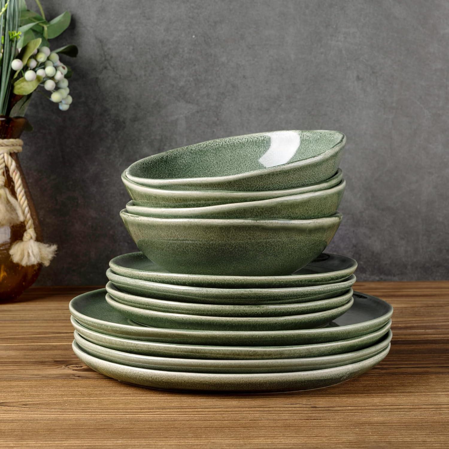 Olive Green and White Ceramic Dinnerware Set for 4