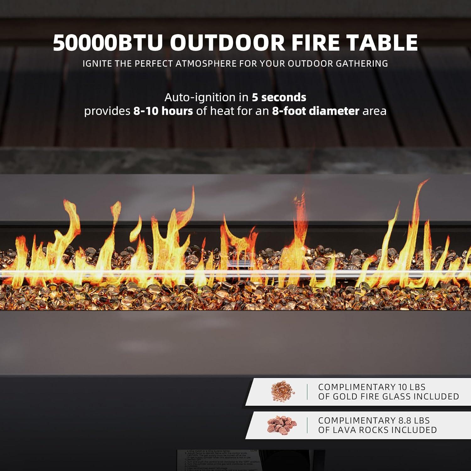 UPHA 42-inch Outdoor Propane Rectangle Fire Pit Table 50000 BTU Iron Gas FirePit for Outside Patio with Tank Cover, Removable Lid, Lava Rocks, Rain Cover, Grey