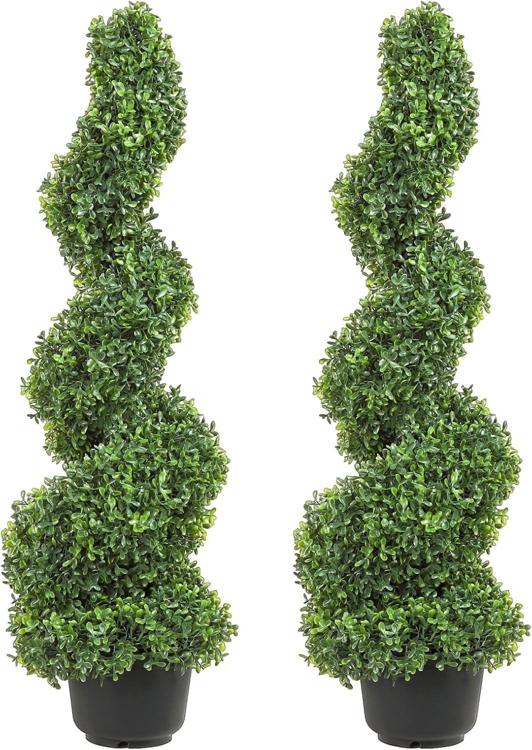 36-Inch Green Plastic Boxwood Spiral Topiary Pair