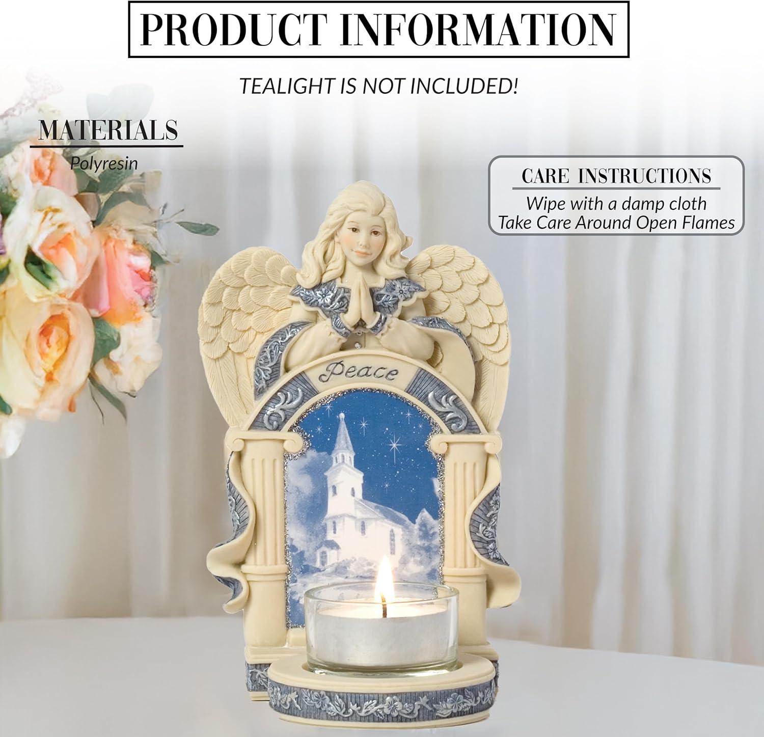 Pavilion Gift Company Angel w/Church Scene Figurine, Off-White, Blue
