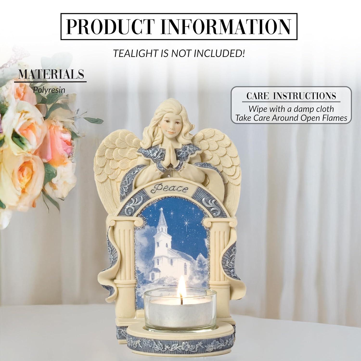 Pavilion Gift Company Angel w/Church Scene Figurine, Off-White, Blue