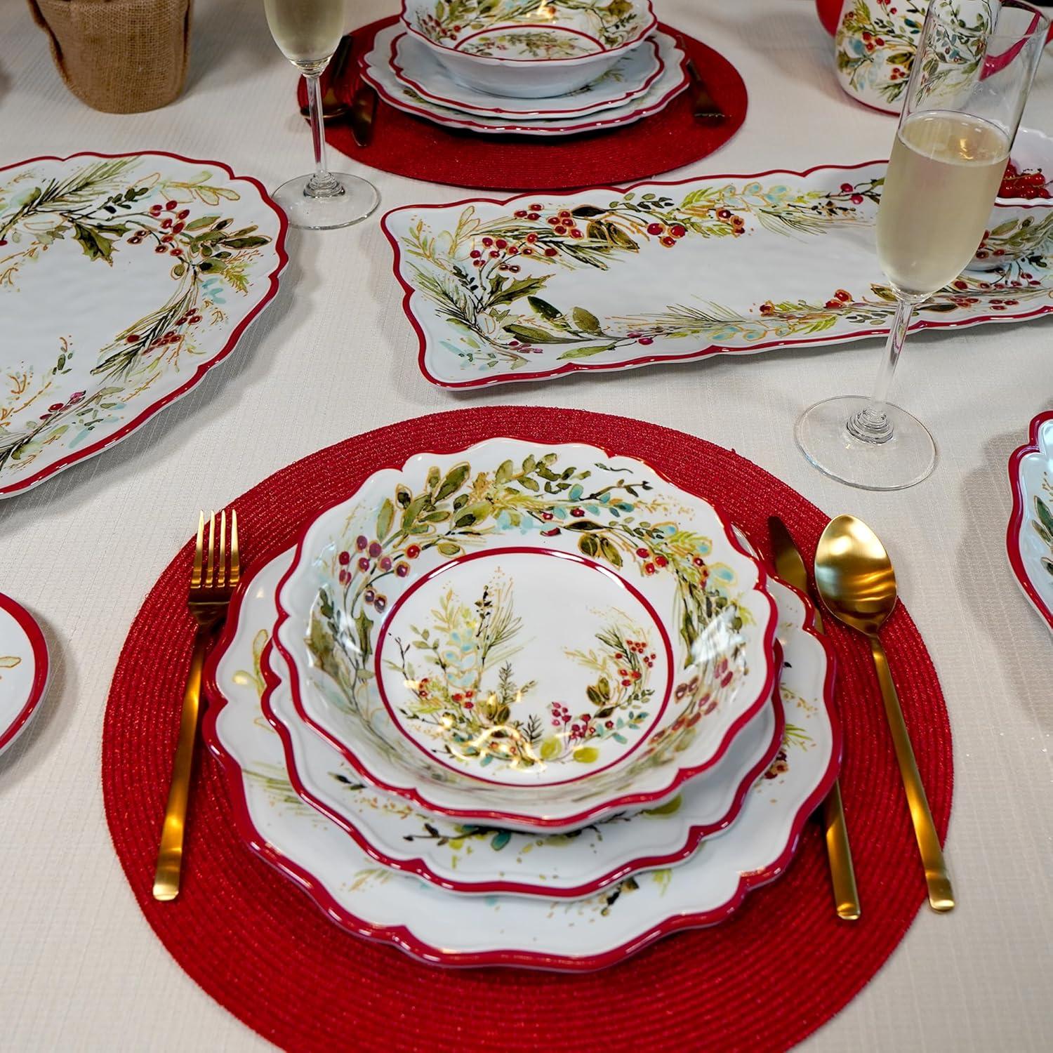 Christmas Gatherings 12pc Melamine Dware Set 4-Dinner Plate 11" 4-Salad Plate 9" 4-Bowl 8.5" x 2"