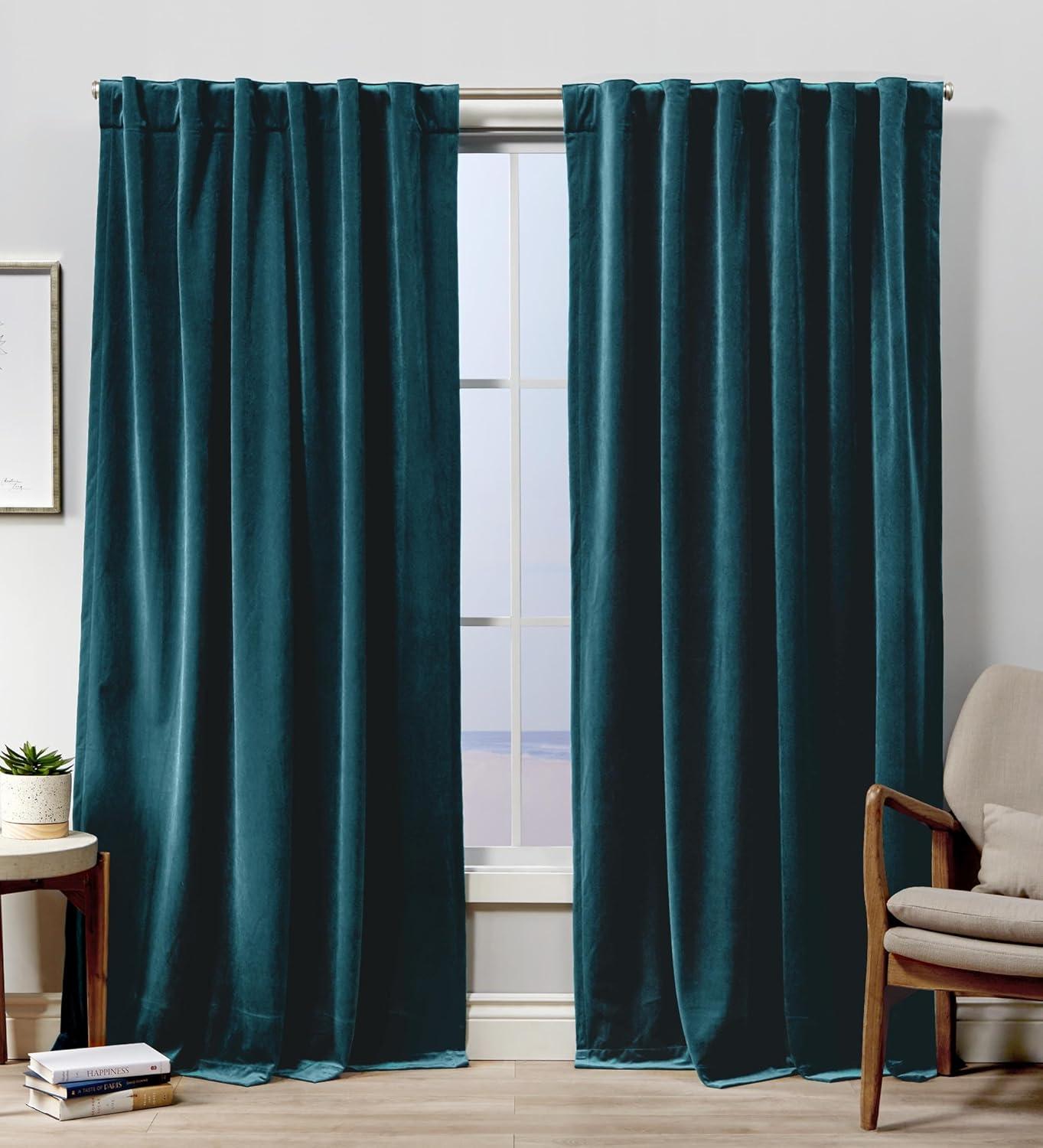 Set of 2 (84"x54") Velvet Back Tab Light Filtering Window Curtain Panels Teal - Exclusive Home: Polyester, Plain Weave