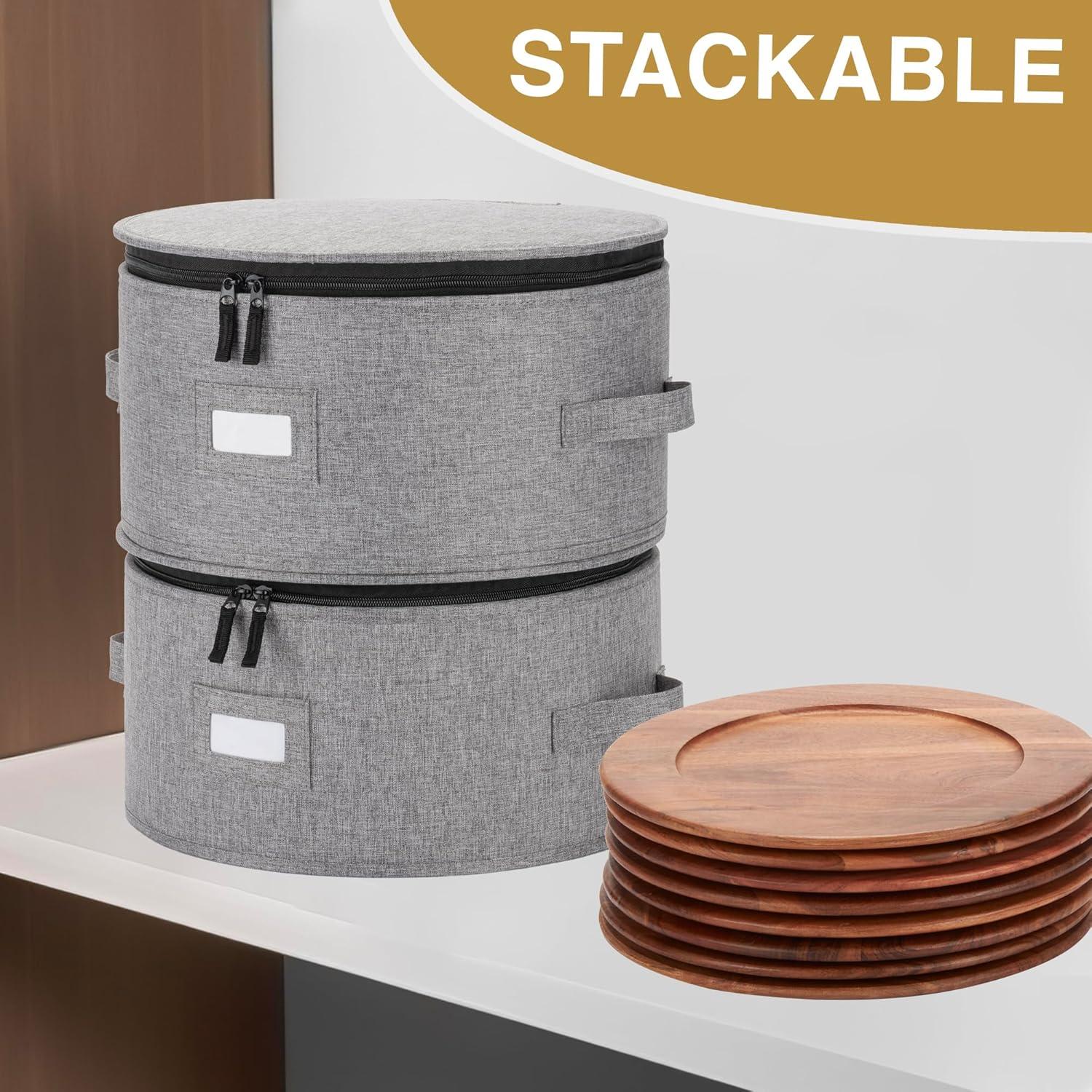 Gray Fabric Stackable Charger Plate Storage Box with Lid