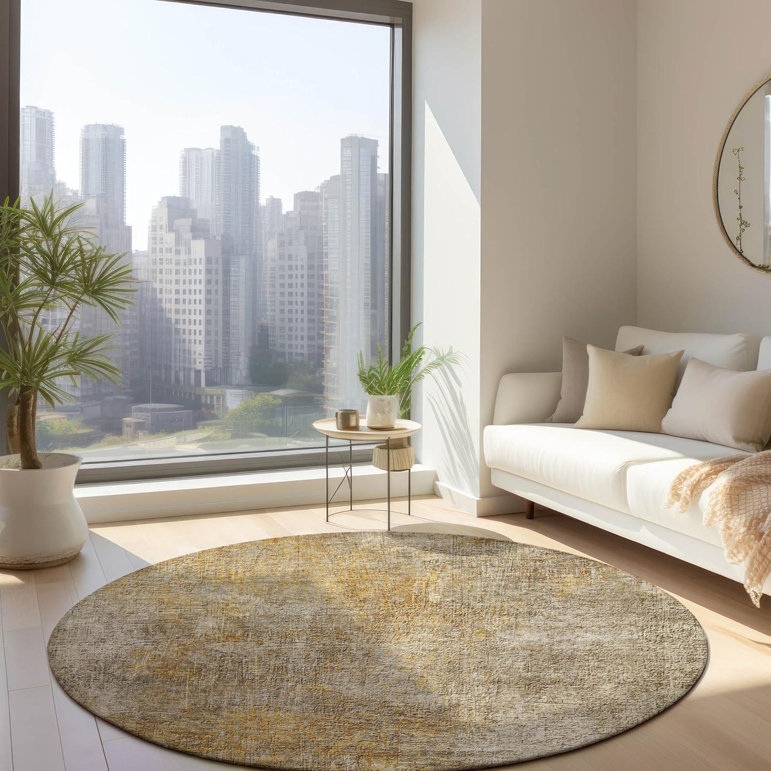 Beige Round Synthetic Flat Woven Washable Rug