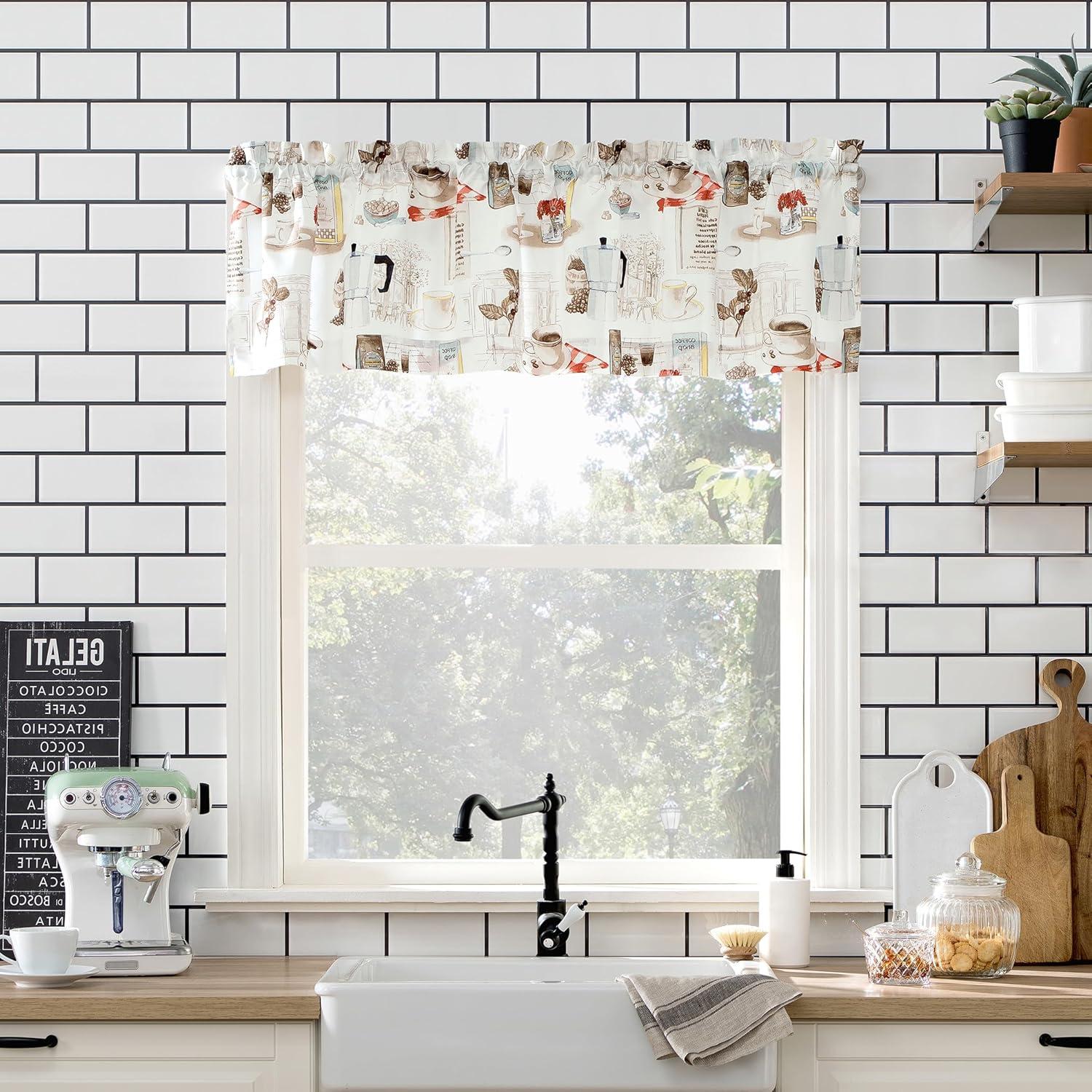 24"x54" Brew Coffee Shop Semi Sheer Rod Pocket Kitchen Curtain Valance and Tiers Set White - No. 918