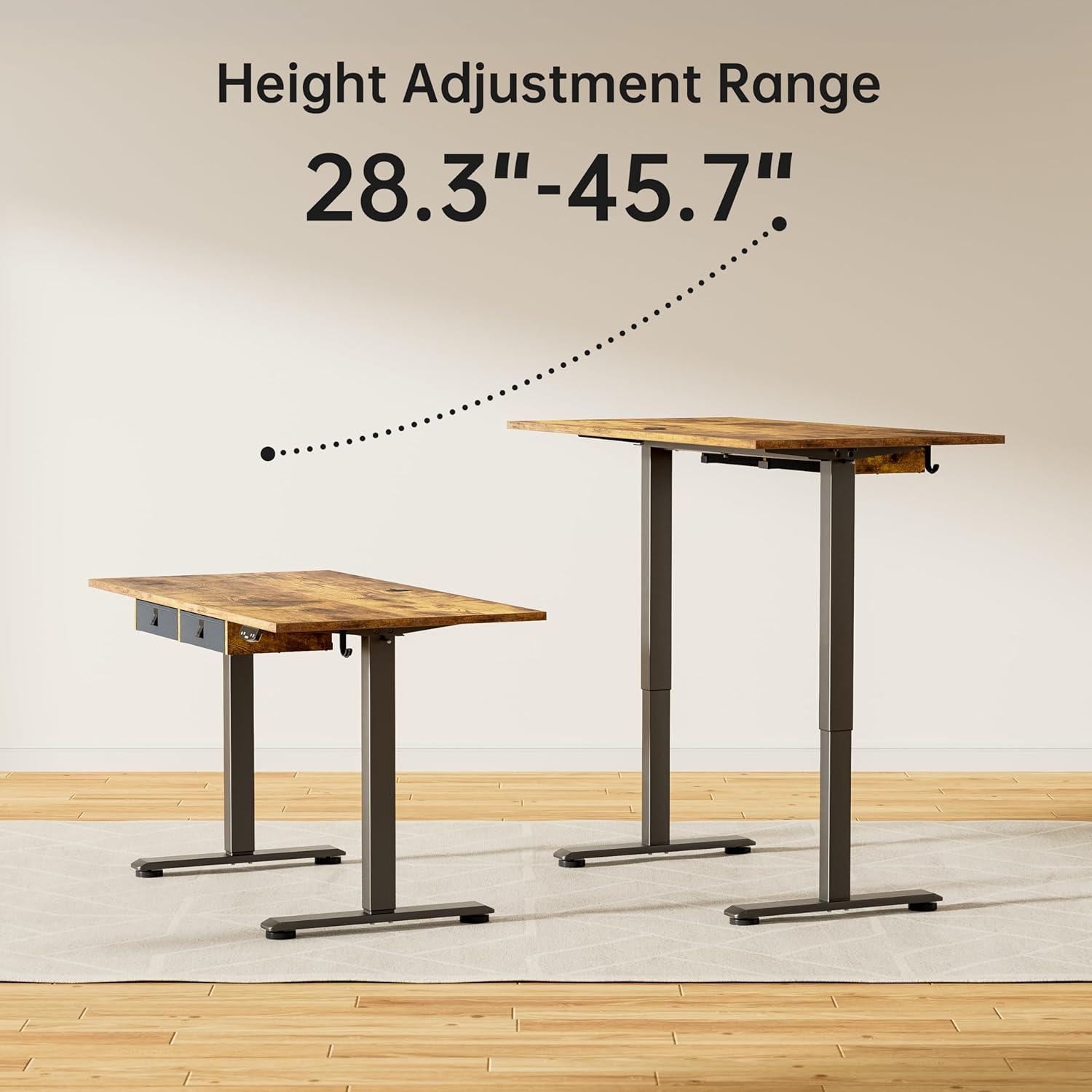 Rustic Brown Adjustable Height Standing Desk with Drawers and Shelf