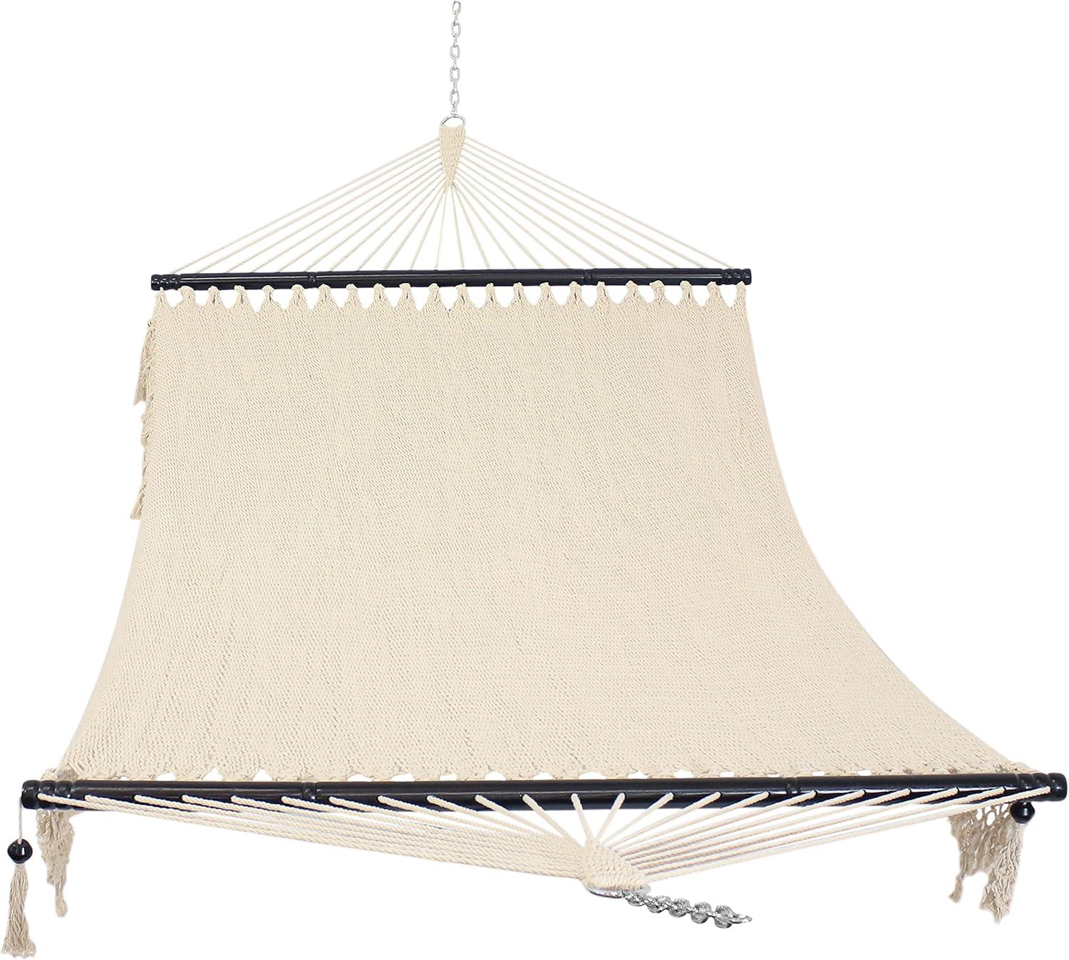 Sunnydaze Heavy-Duty 2-Person Woven Polyester Style Hammock with Crocheted edges and Wooden Spreader Bars - 600 lb Weight Capacity - Natural