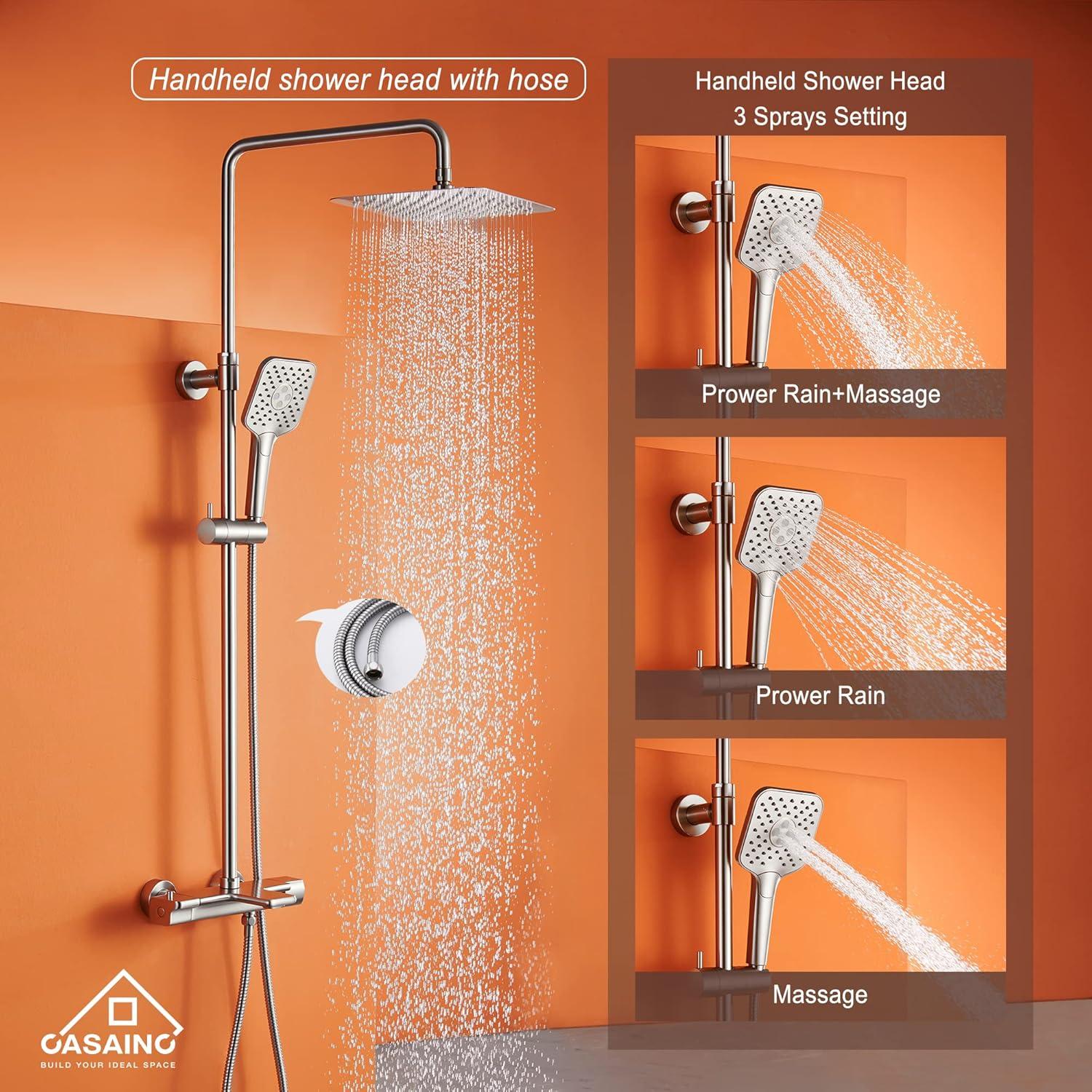 4-Spray Patterns 9.8 in. Thermostatic Tub Wall Mount Dual Shower Heads Shower Faucet in Brushed Nickel