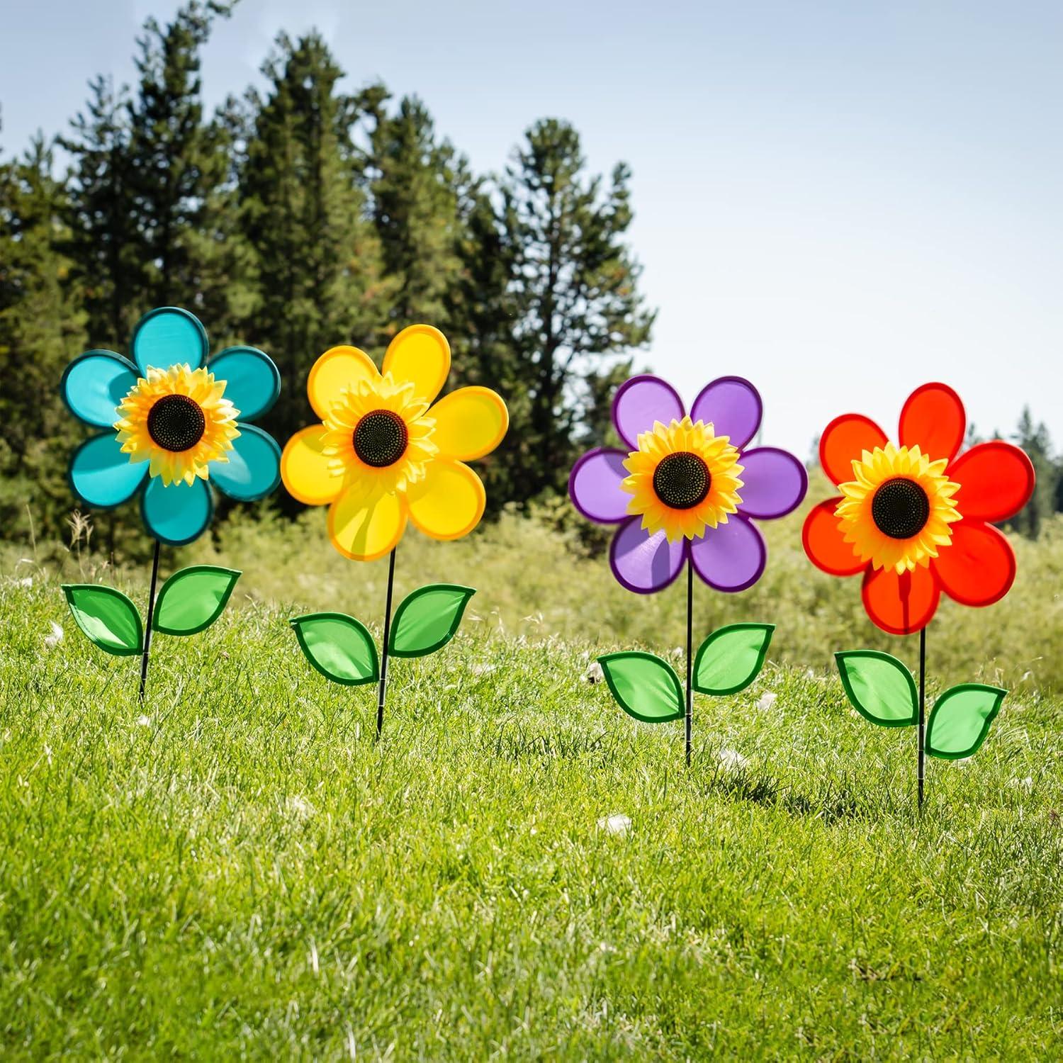 In the Breeze 2791 — 12 Inch Yellow Sunflower Spinner with Leaves — Colorful Flower for Your Yard and Garden