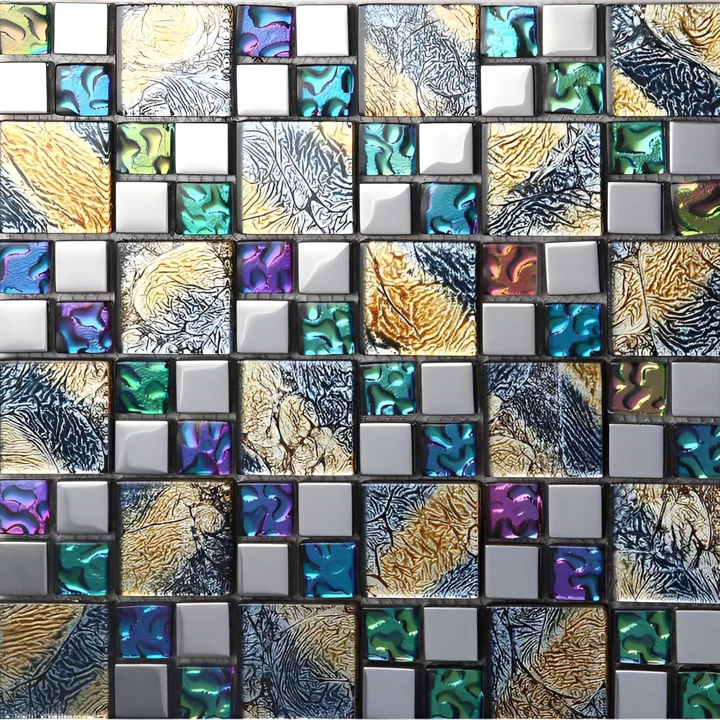 Multicolor Iridescent Glass Mosaic Square Tiles for Kitchen and Bathroom