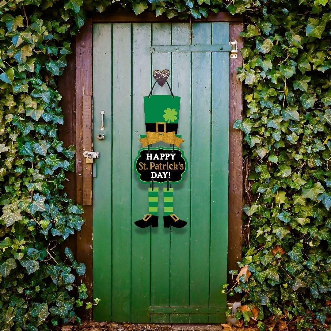 AJKSFHIU Happy St Patricks Day Leprechaun Door Signs,Saint Patricks Day Hanging Welcome Door Sign Outdoor Decorations with Leprechaun Top Hat and Feet