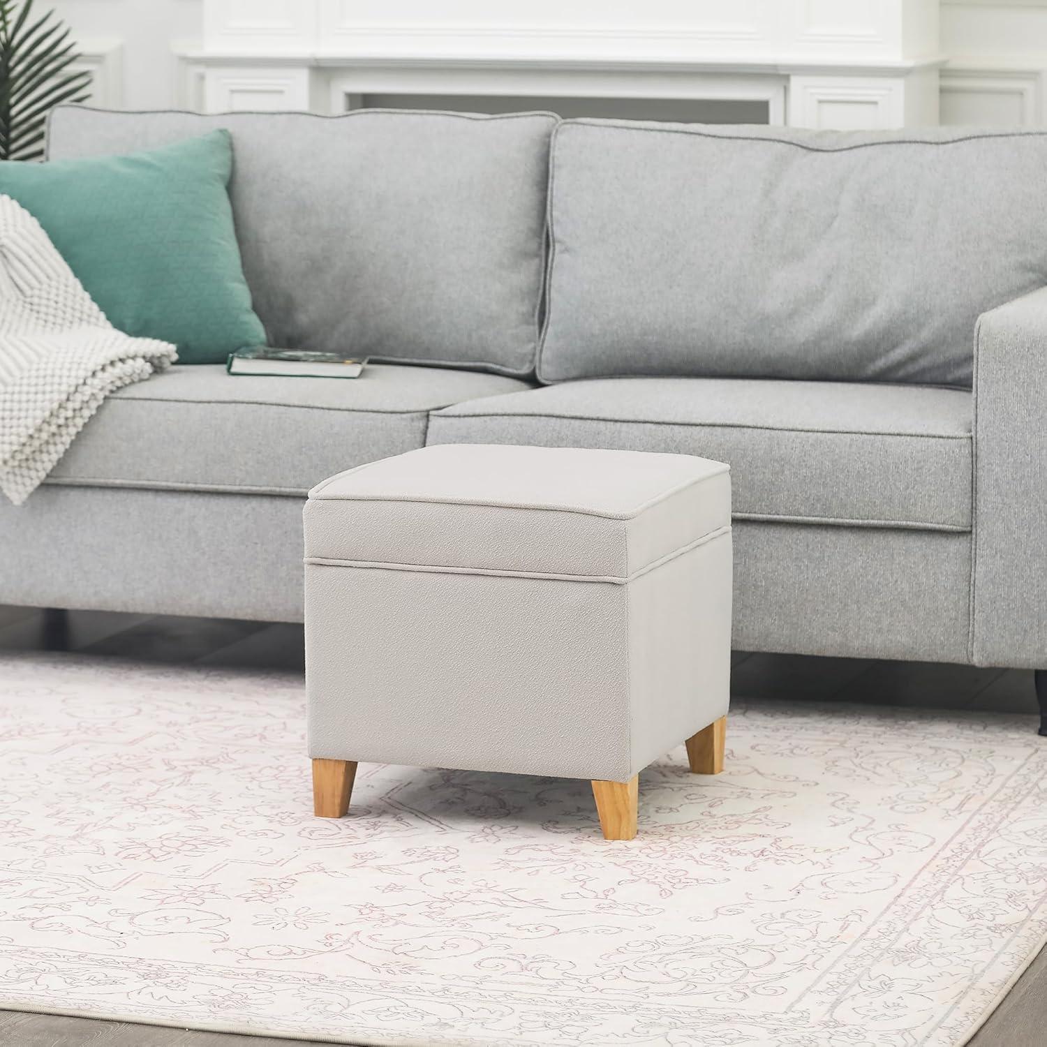 HomePop Cole Classics Square Storage Ottoman with Lift Off Top Linen: Upholstered Footstool, Wood Legs, Polyester