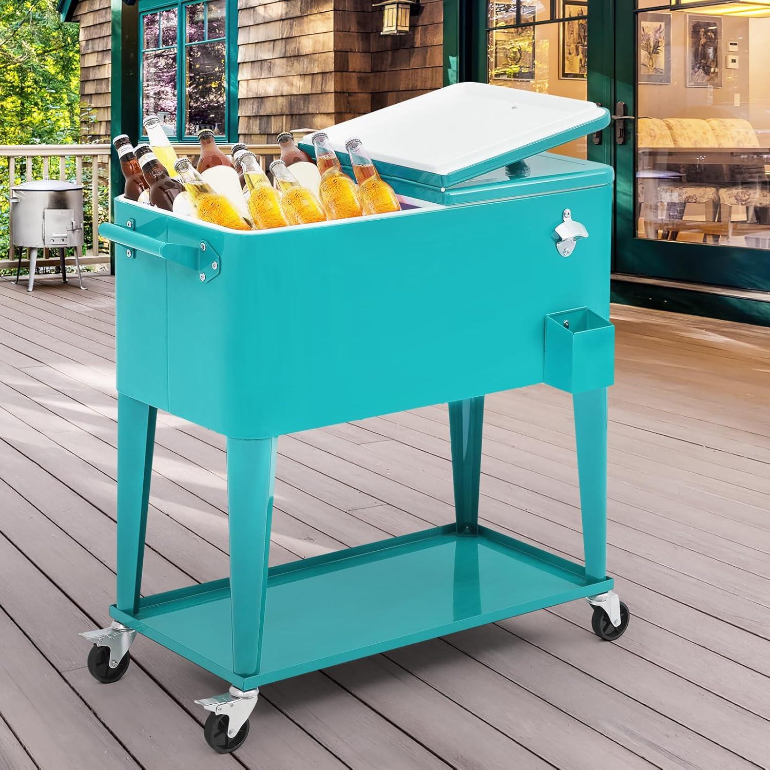 Bring Home Furniture Outdoor 80 Qt Rolling Cooler Cart, with Bottle Opener + Storage Shelf Camping Beverage Ice Chest