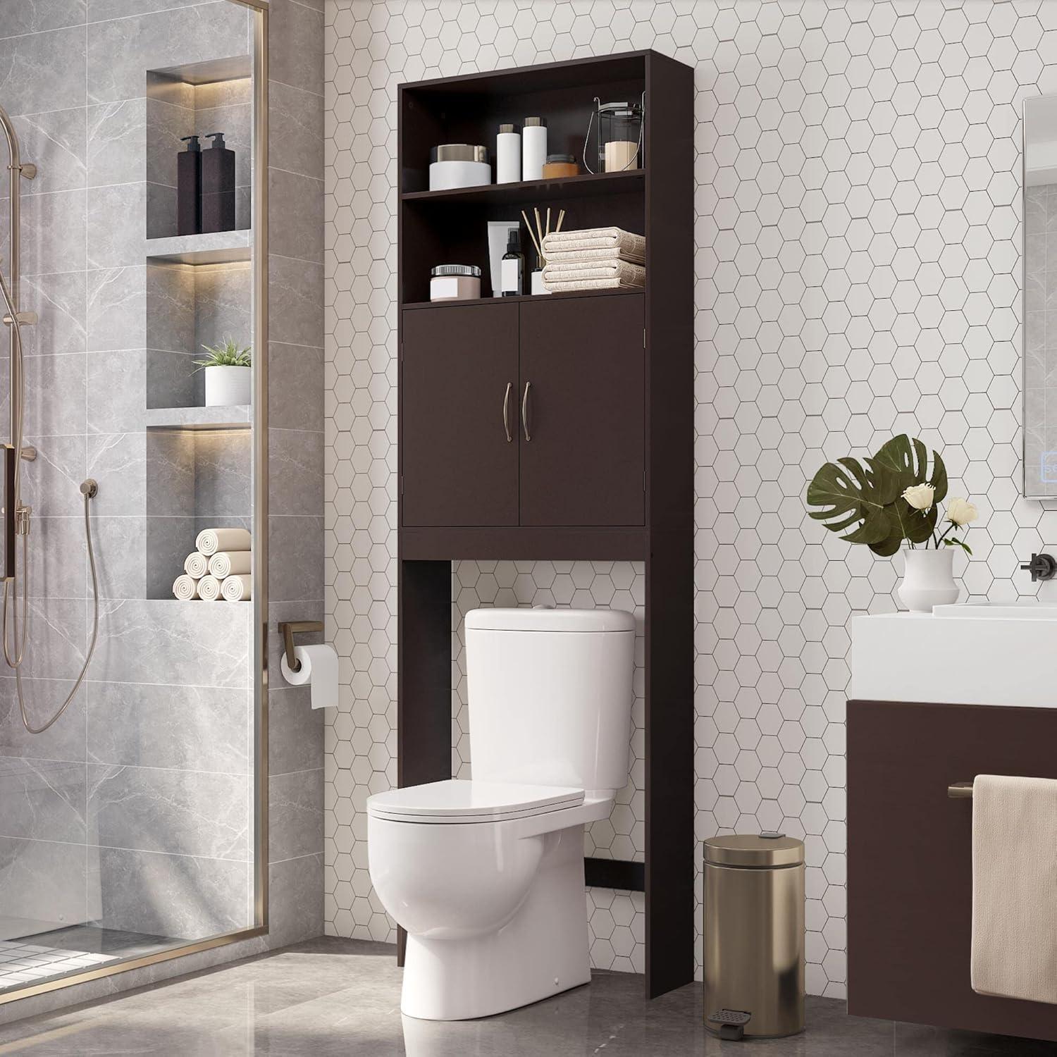 Killeryuki Over The Toilet Storage, Taller Bathroom Organizer Space-Saving Storage Cabinet with Adjustable Shelves and Double Doors, 77 in H, Espresso