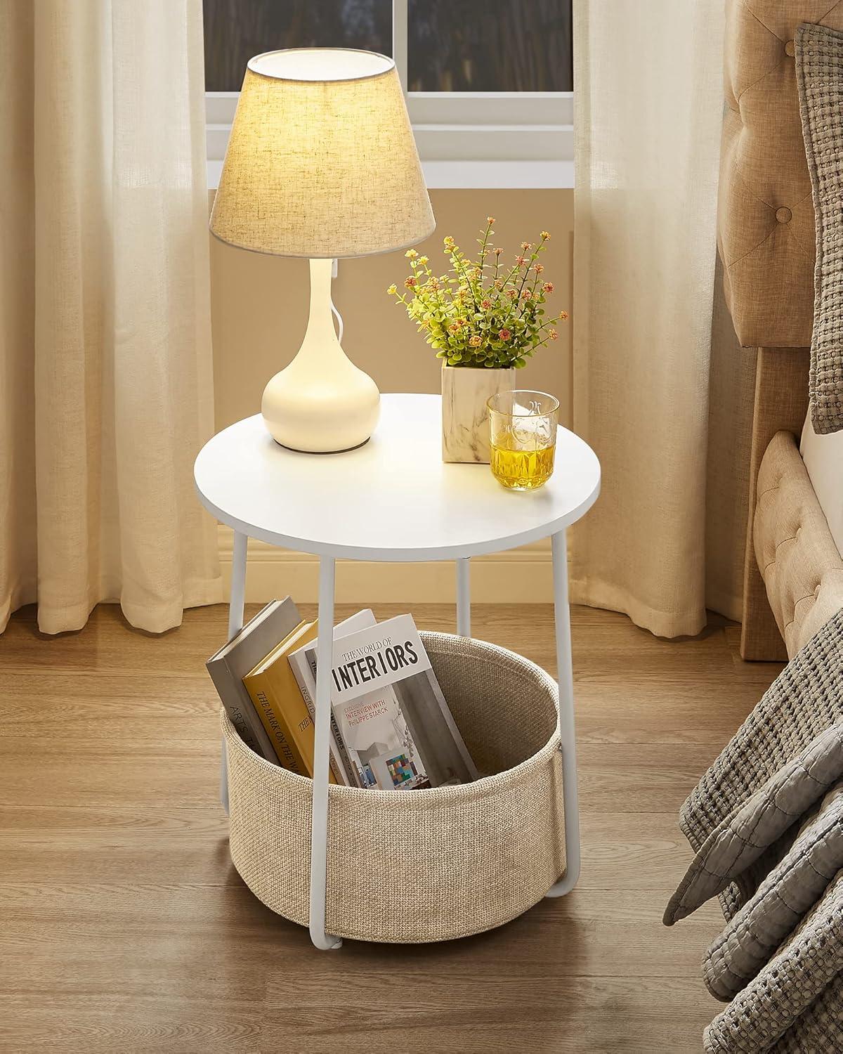 Round White and Camel Brown Wood Metal End Table