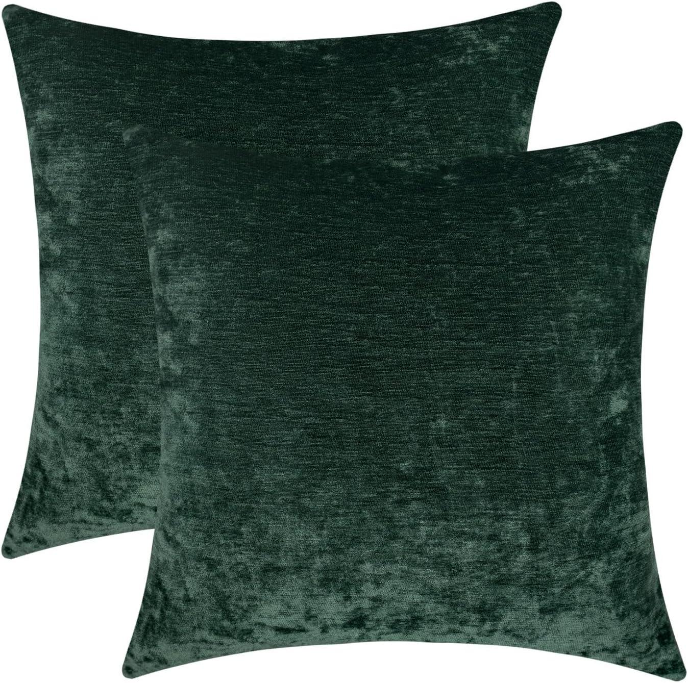 Emerald Green Chenille Water Repellent Throw Pillow Covers, 20x20 Inch, Set of 2