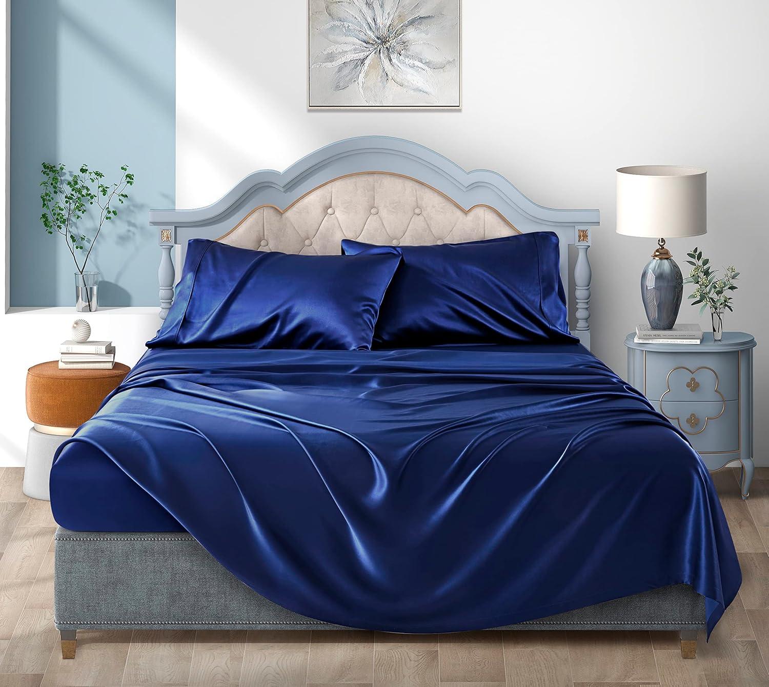 Satin Bed Sheets Full Size Sheet Sets, Navy Blue Silk Sheets, 4 - Pieces Soft Bedding Set with 1 Deep Pocket Fitted Sheet,1 Flat Sheet,2 Pillowcase